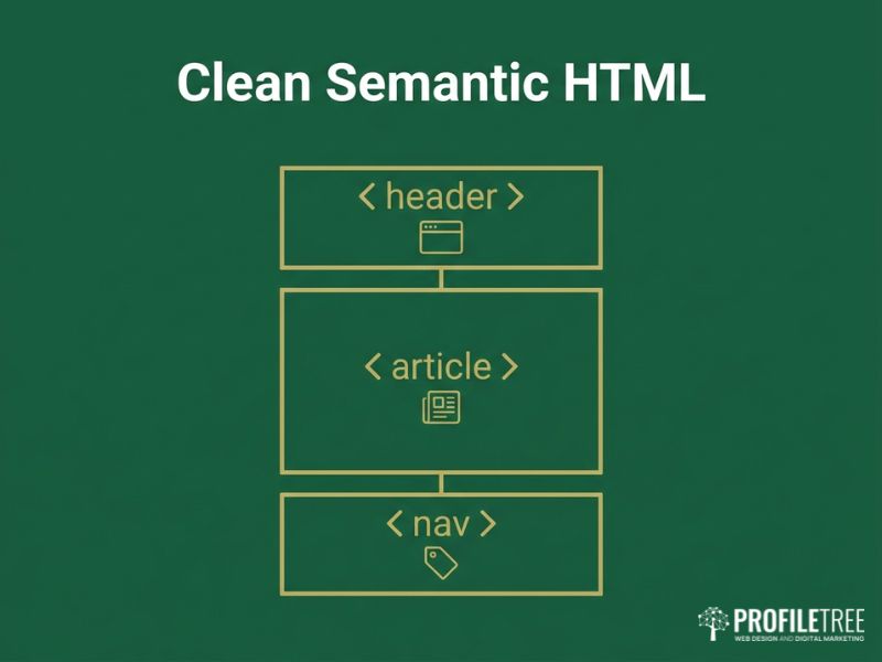 Dark green vector image of gold HTML tag blocks forming a page skeleton, showing clean semantic markup for Using HTML and CSS.
