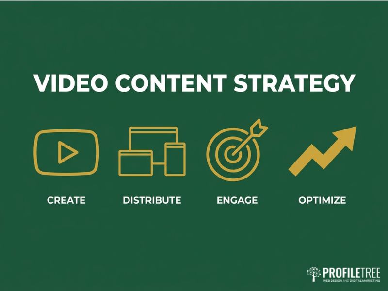 Video Content Strategy hero graphic with gold video and platform icons on a dark green background