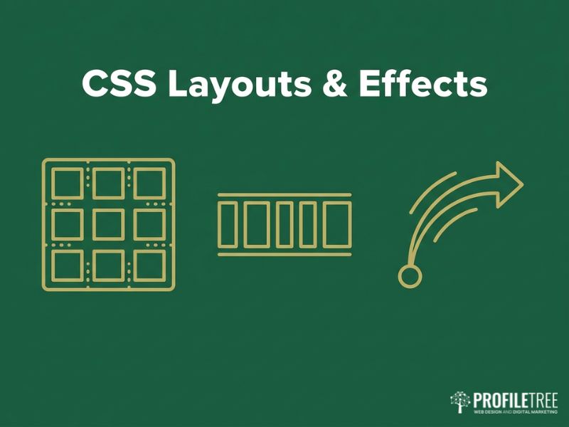 Vector graphic on dark green showing gold CSS Grid and Flexbox layout icons, part of the Using HTML and CSS guide.