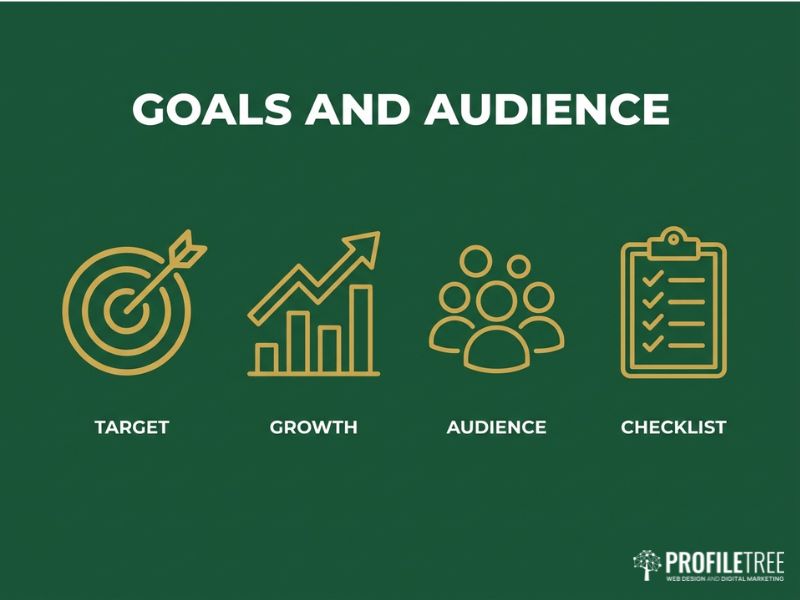Goals and audience graphic for a Video Content Strategy, with gold target and chart icons on a dark green background