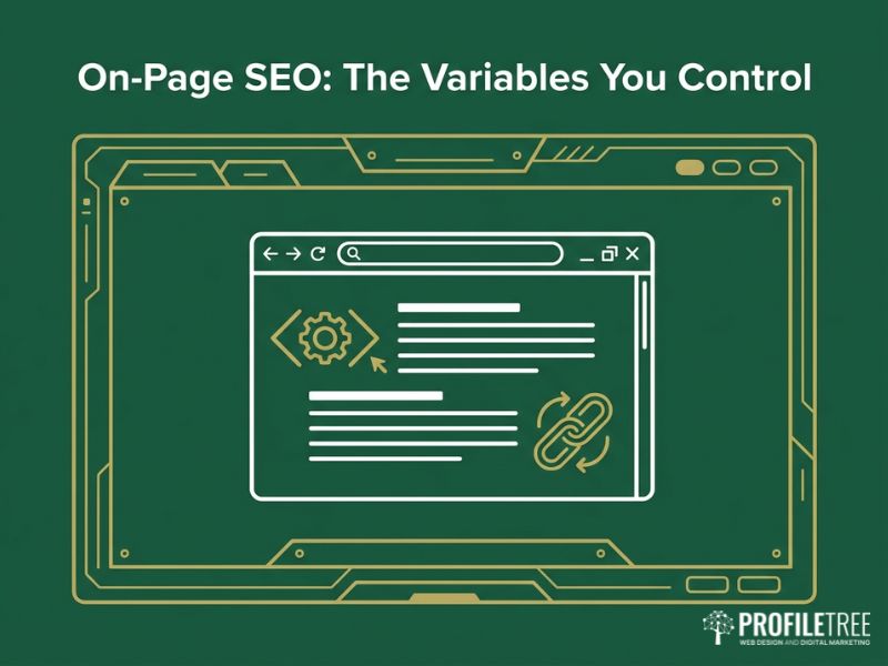 On-Page vs Off-Page SEO graphic showing on-page elements like headings, meta tags and internal links