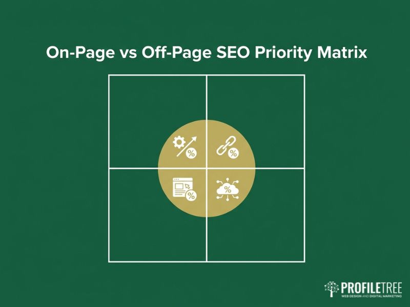On-Page vs Off-Page SEO priority matrix grid for deciding where to focus budget by site stage