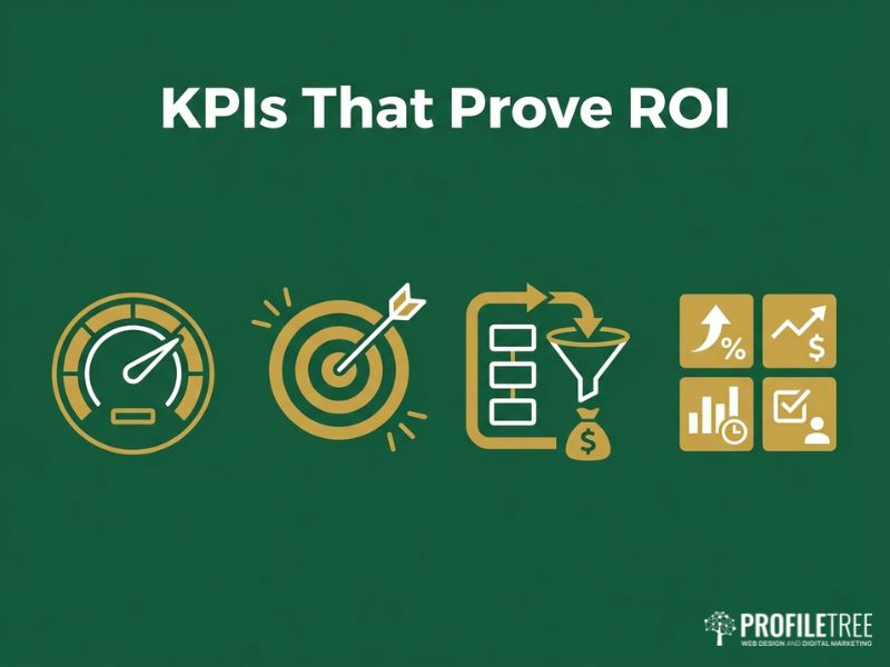 Vector graphic of SEO KPIs tracked by top analytics tools, dark green background with gold metric icons
