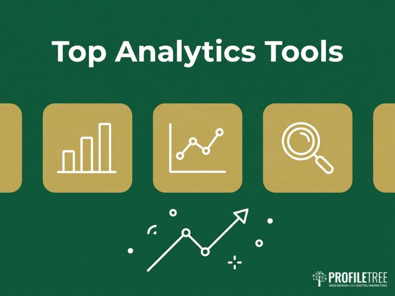 Vector illustration of top analytics tools for tracking website performance on a green and gold background
