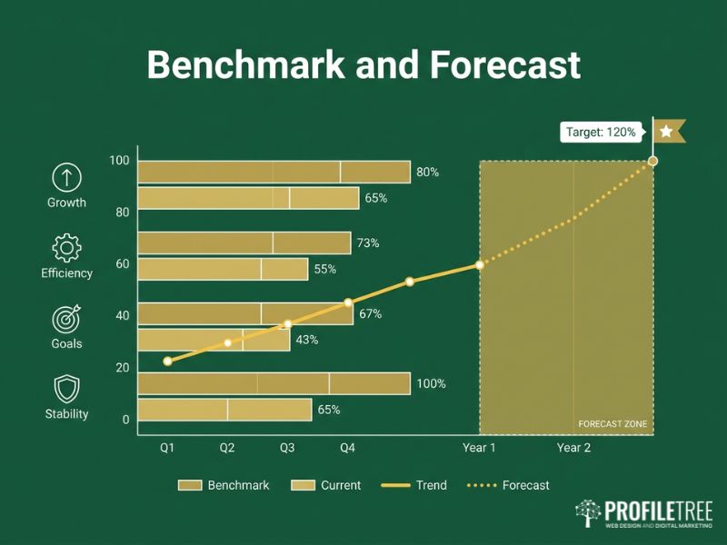 Vector graphic of benchmarking and forecasting with top analytics tools, dark green background with gold charts