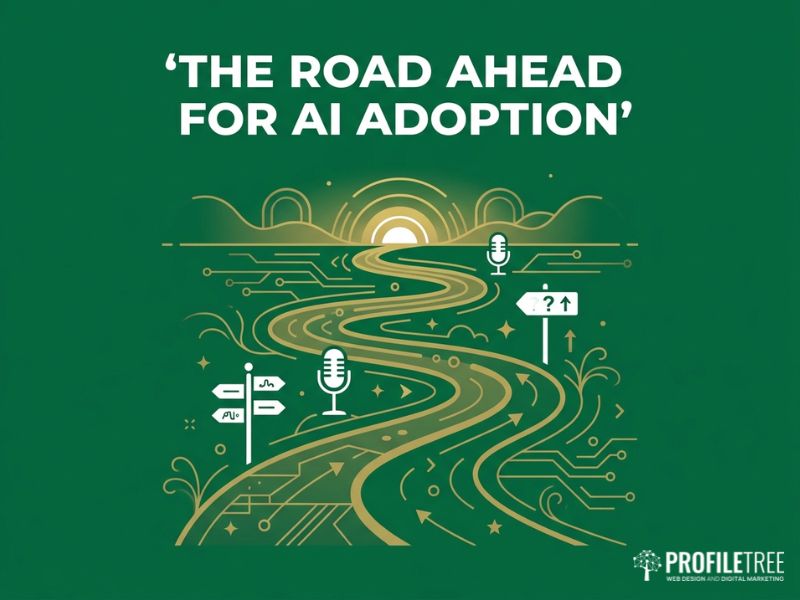 Vector graphic showing the road ahead for AI Adoption in UK and Irish business with a path and signpost