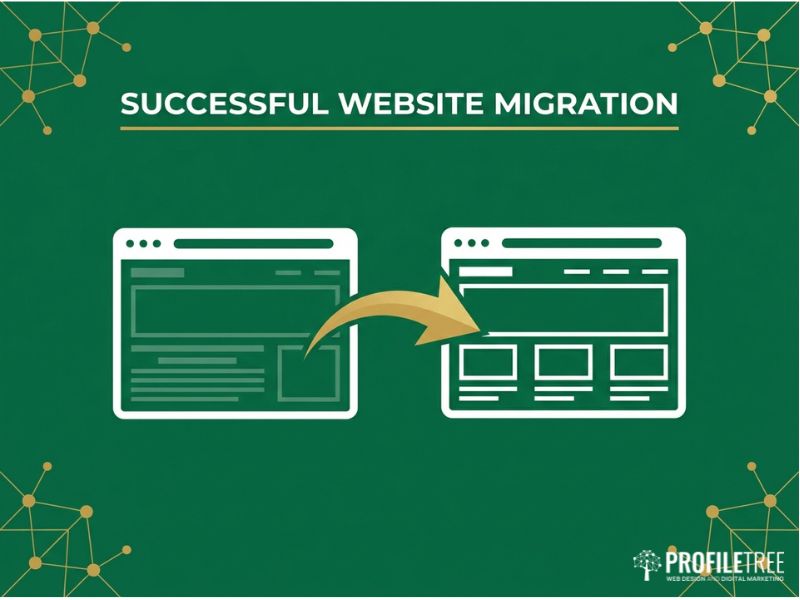 Flat vector illustration showing a successful website migration, with content moving from an old site frame to a new one.
