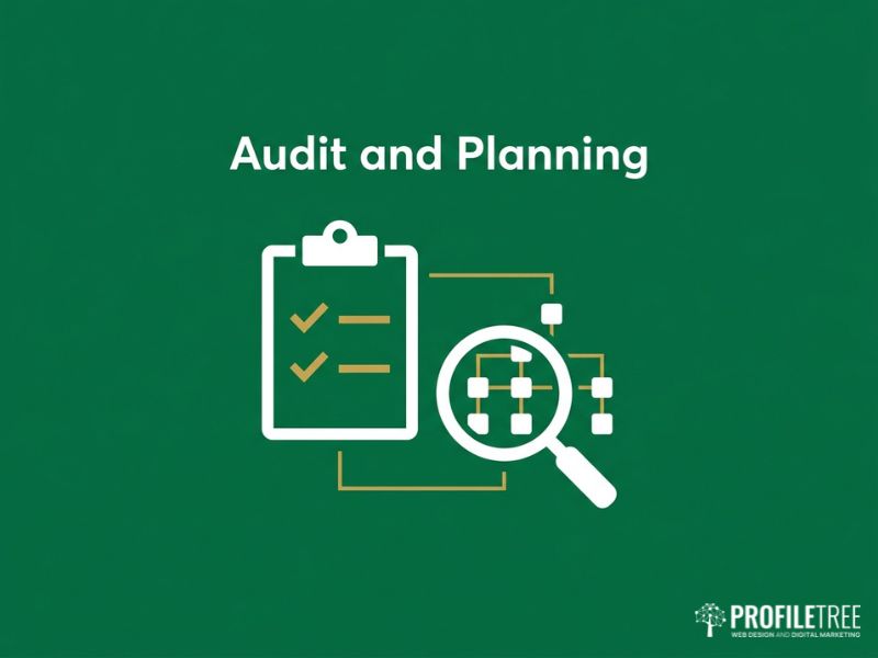 Vector checklist and site-map graphic illustrating the audit stage of a successful website migration.