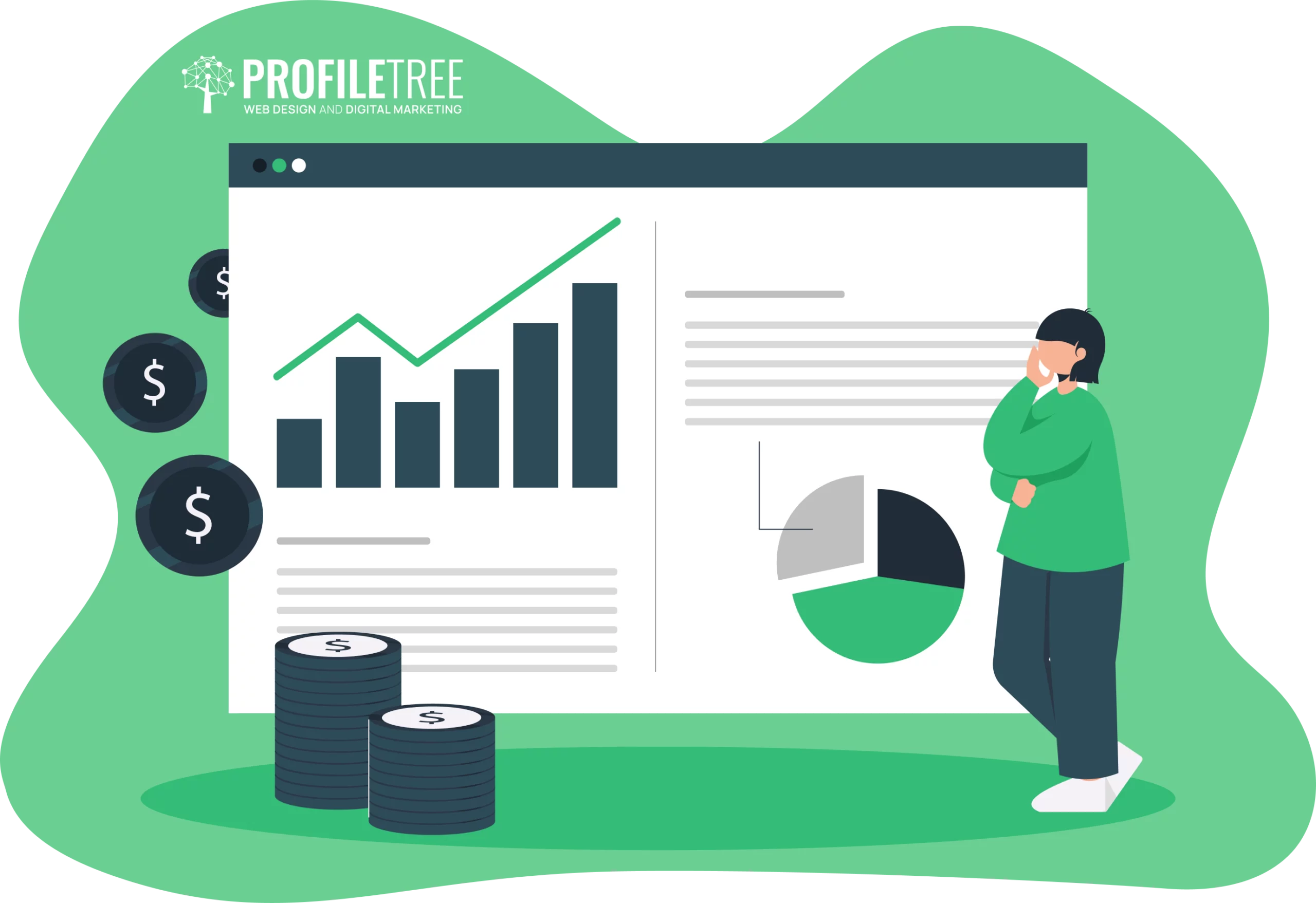 Illustration of a person standing next to financial charts, bar graph, and pie chart, with stacks of coins and dollar symbols, highlighting financial considerations for career change and analysis of new career opportunities.