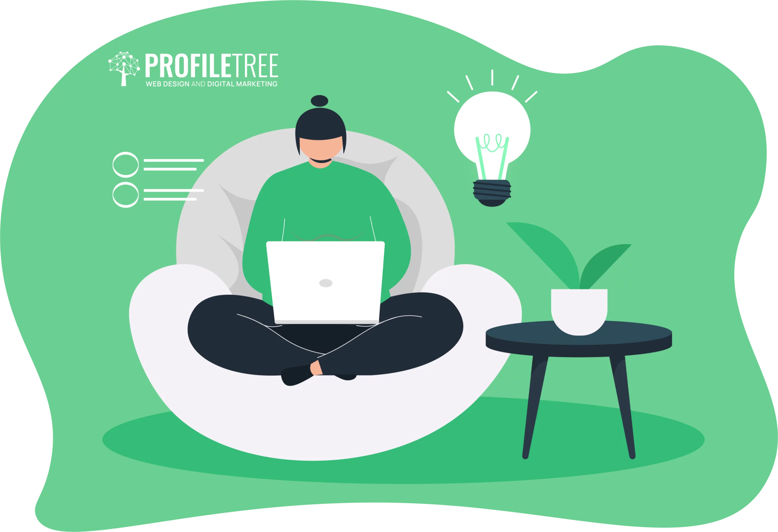 Illustration of an intern sitting cross-legged on a chair, using a laptop, with a lightbulb, plant, and "ProfileTree Web Design and Digital Marketing" logo in the background, highlighting opportunities for internships and apprenticeships.