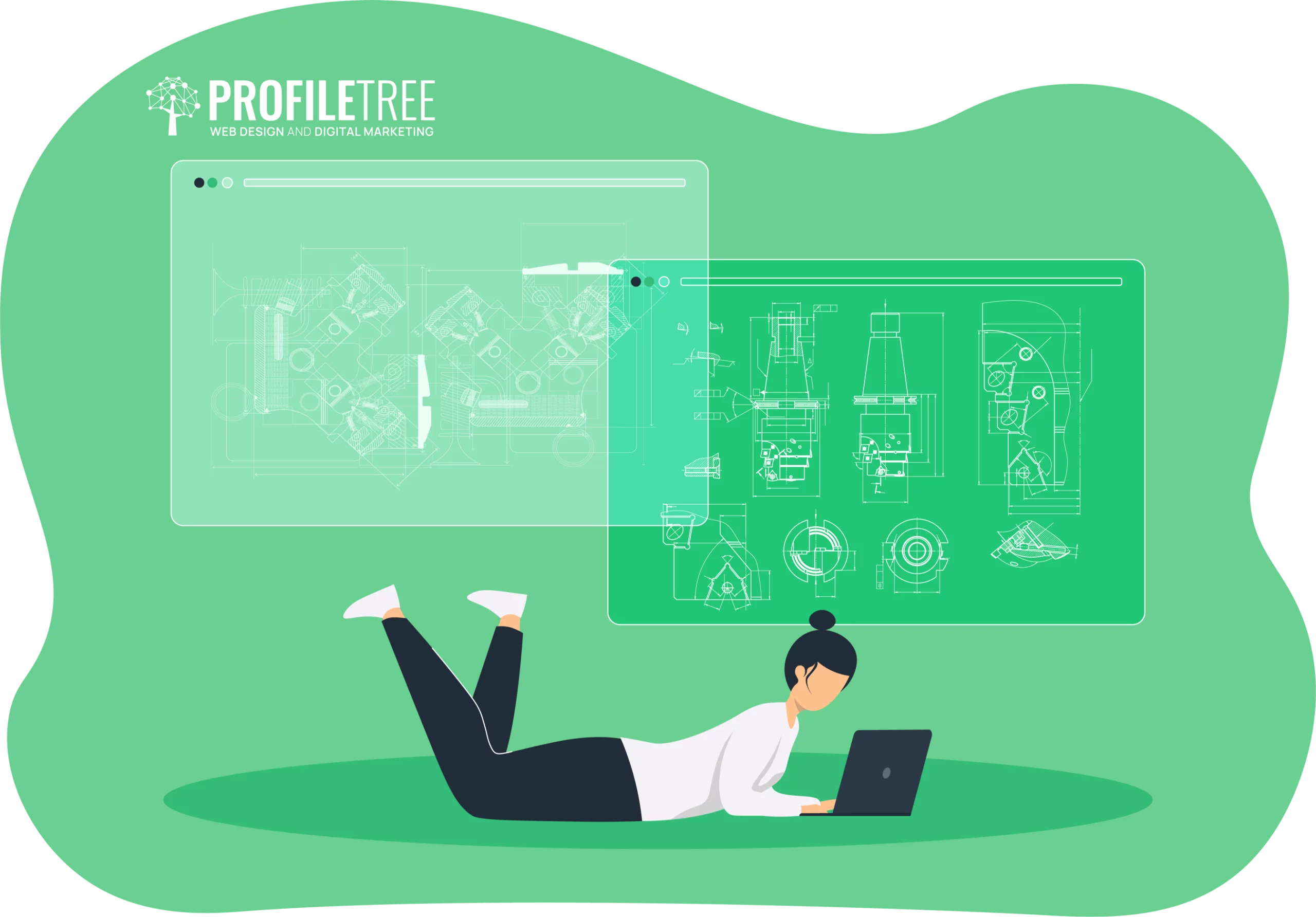 Illustration of a woman lying on the floor using a laptop, with two large BluePrint AI CAD drawings displayed above her, on a green background with the "ProfileTree" logo.