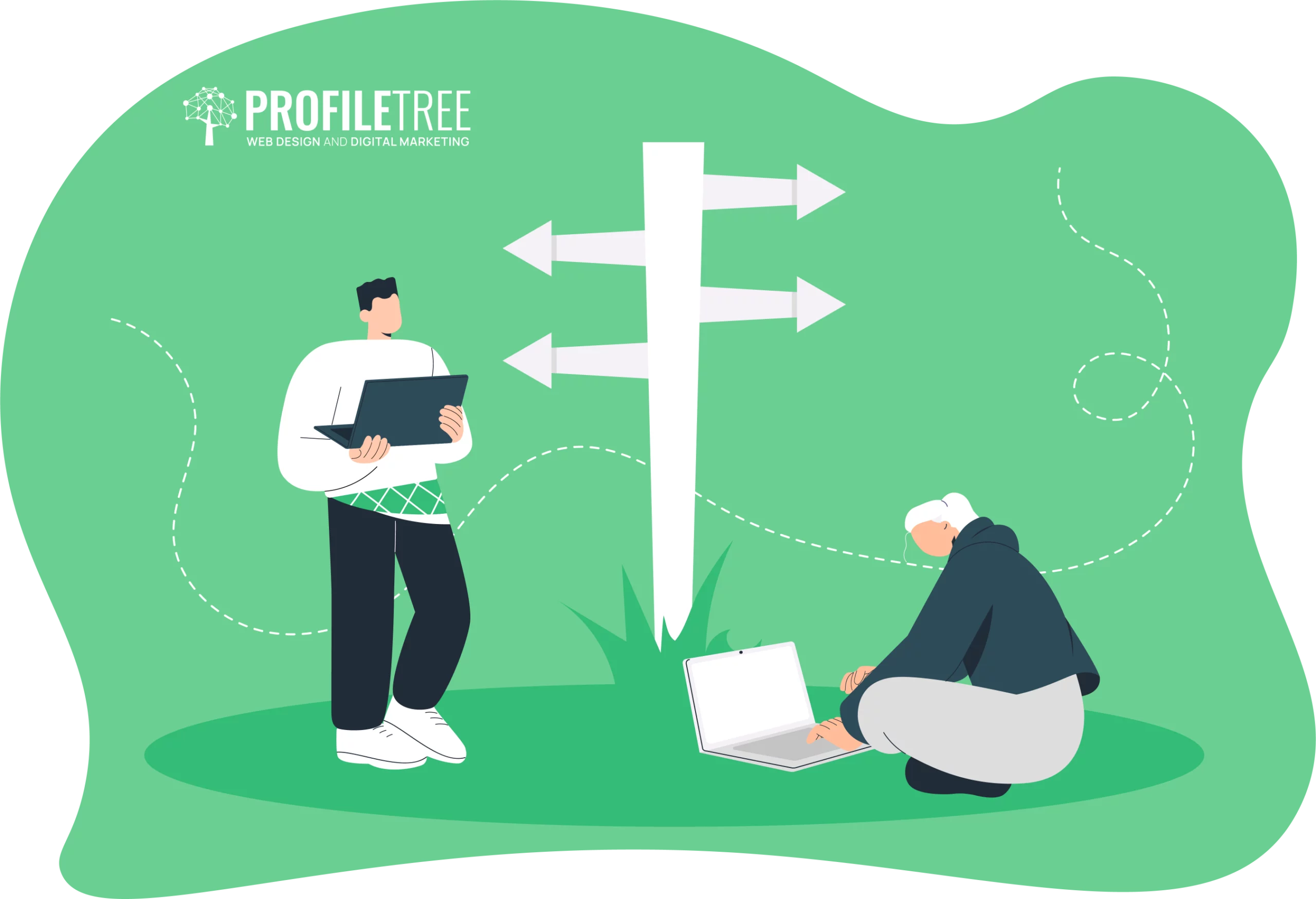 Two interns working on laptops near a signpost with three directional arrows on a green background, highlighting internships and apprenticeships in the workplace, with the "ProfileTree" logo in the top left corner.