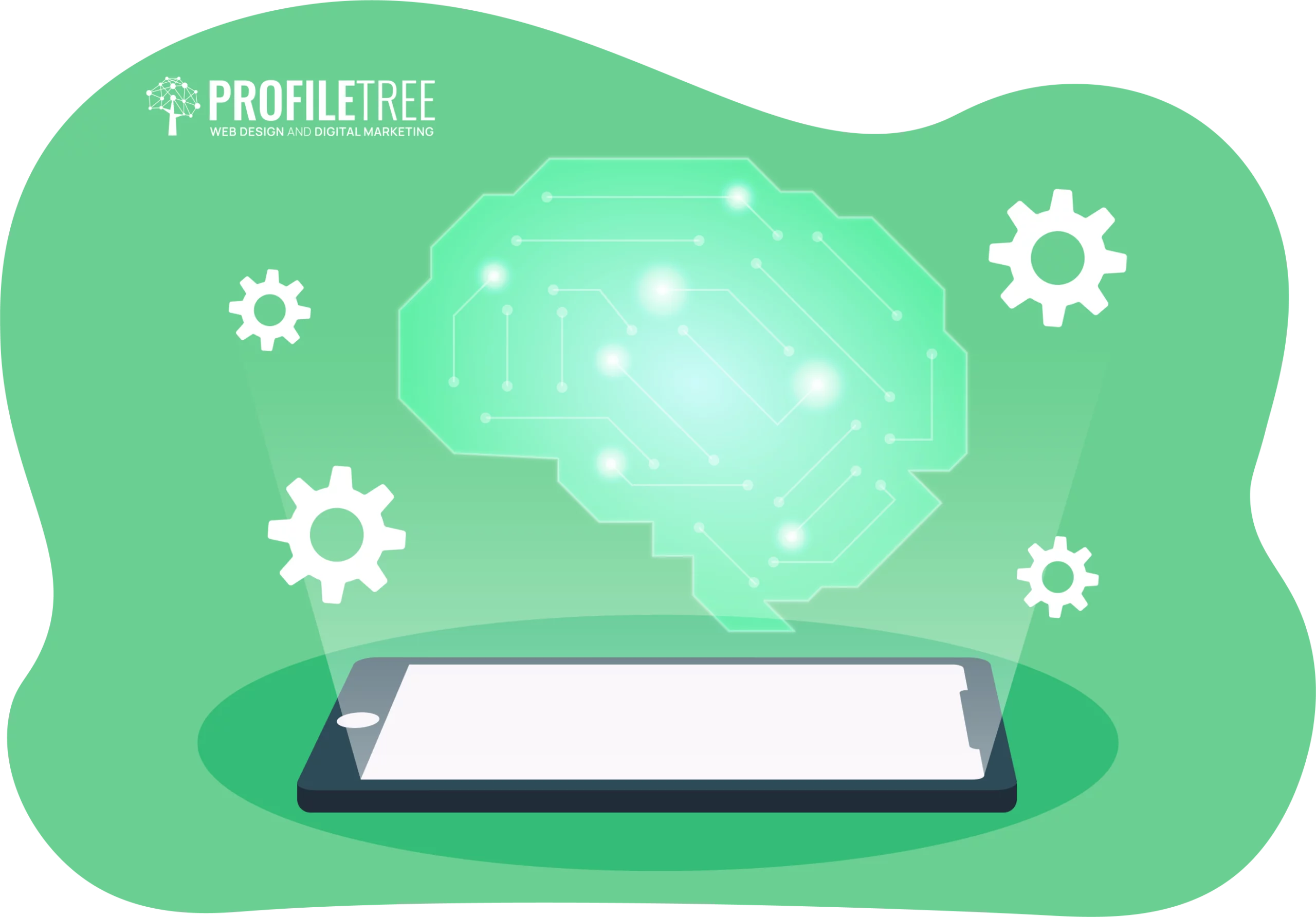 A digital illustration shows a smartphone projecting a glowing, brain-shaped BluePrint AI circuit, surrounded by three white gears on a green background.