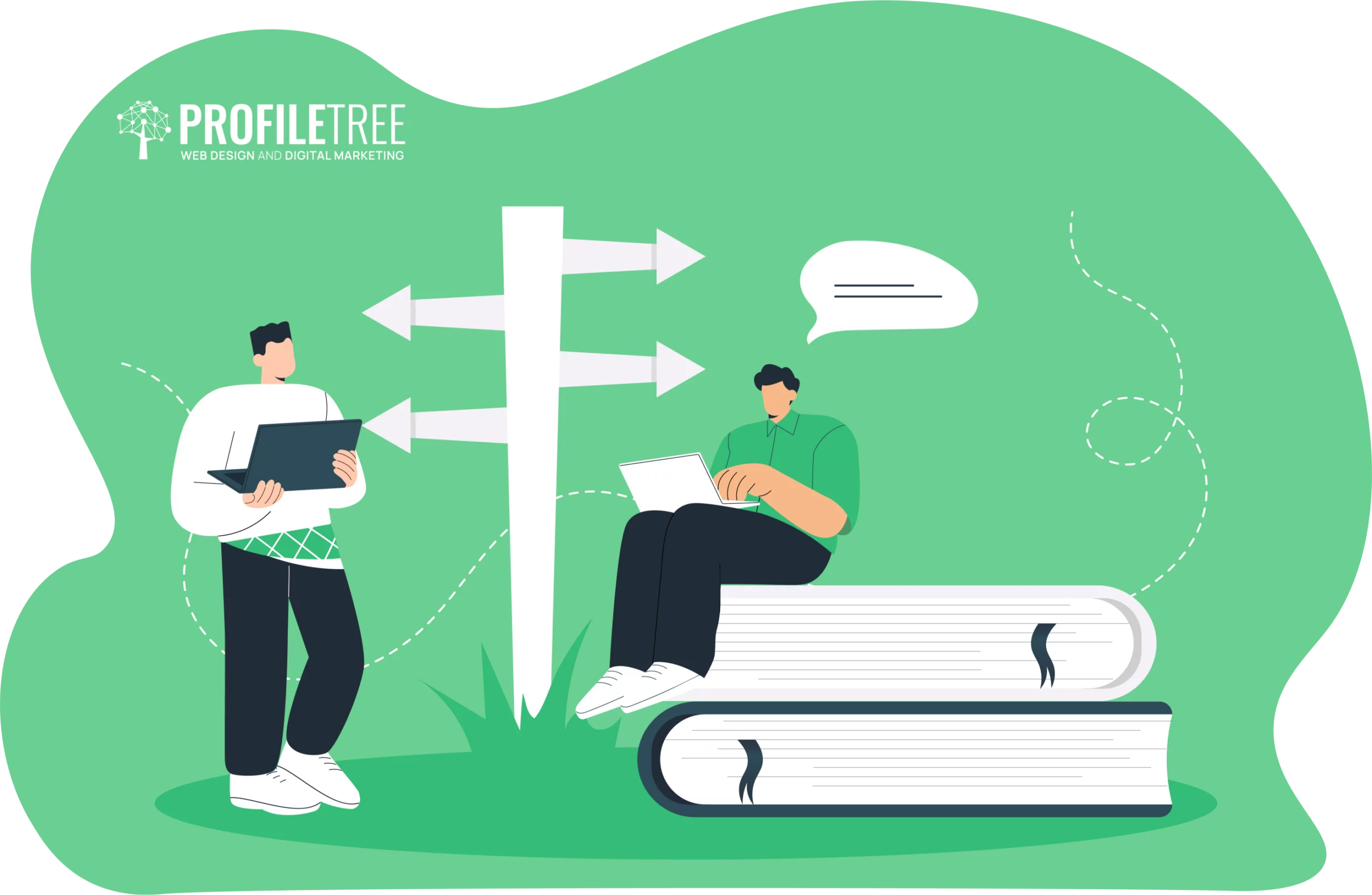 Two people with laptops: one stands, while the other sits on a stack of books, embodying the essence of blended learning. A signpost with arrows indicates various paths. Green background with ProfileTree logo.