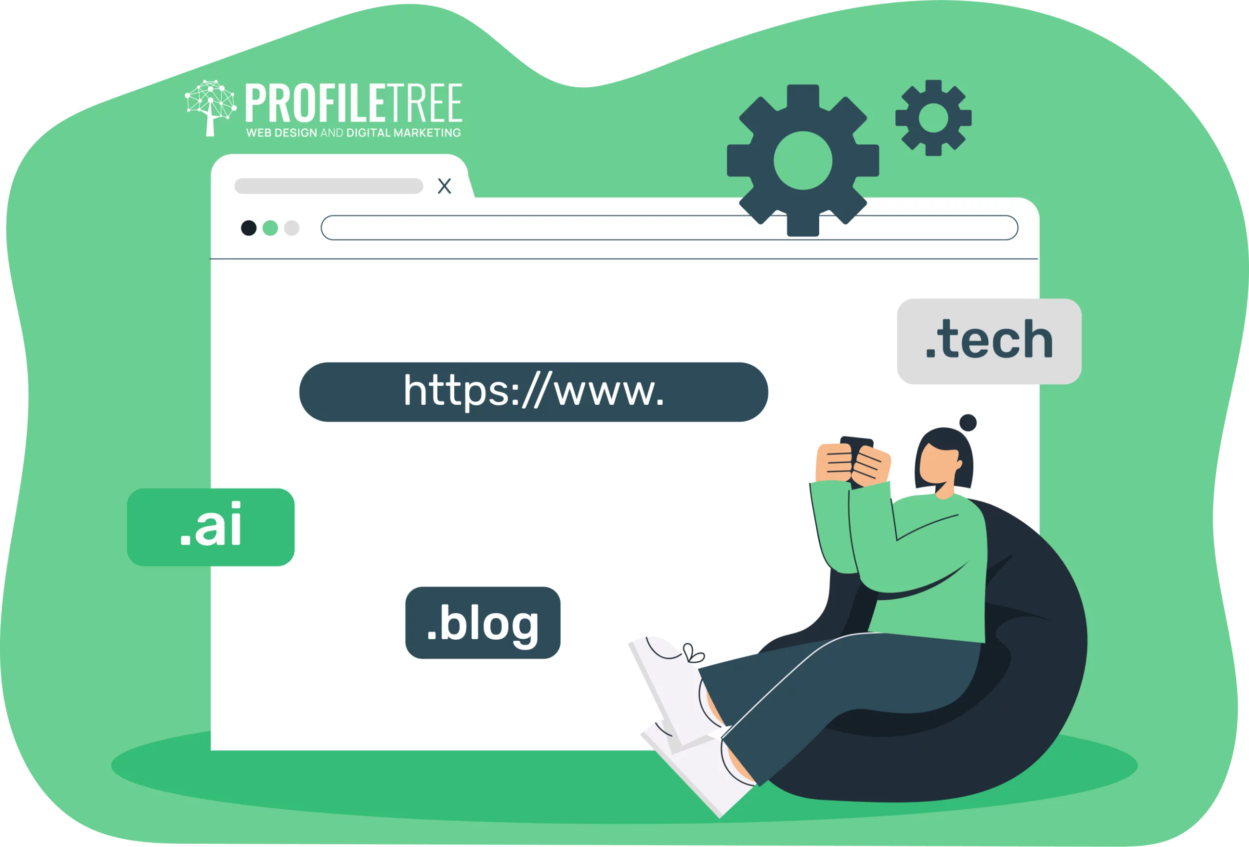 An illustration of a person sitting on a beanbag using a phone, with a web browser window and niche TLDs like .tech, .ai, and .blog displayed in the background.