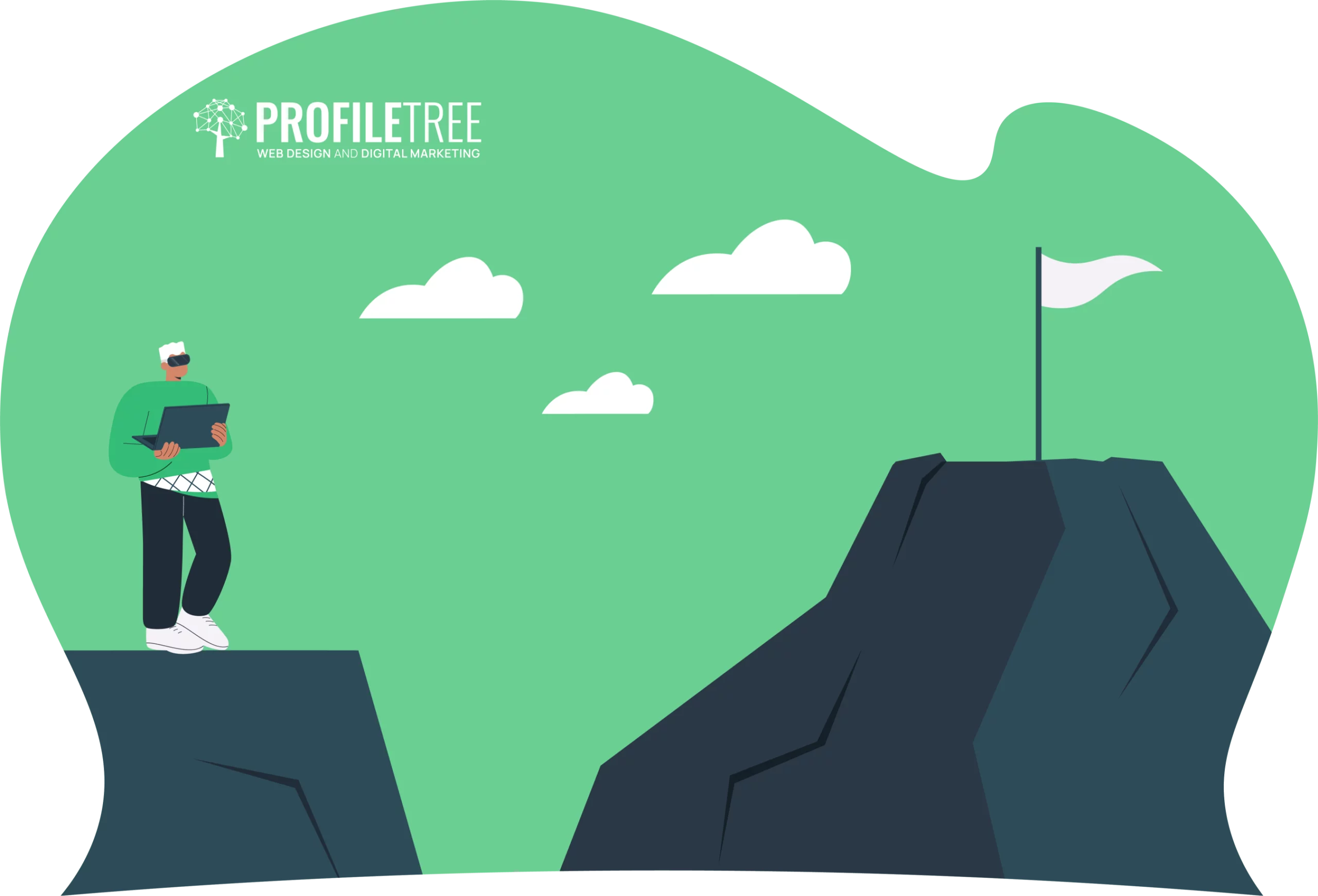 An illustrated person stands on a cliff holding a laptop, gazing toward a distant peak with a white flag, as if envisioning the future of VR. "ProfileTree" branding appears in the top left corner.