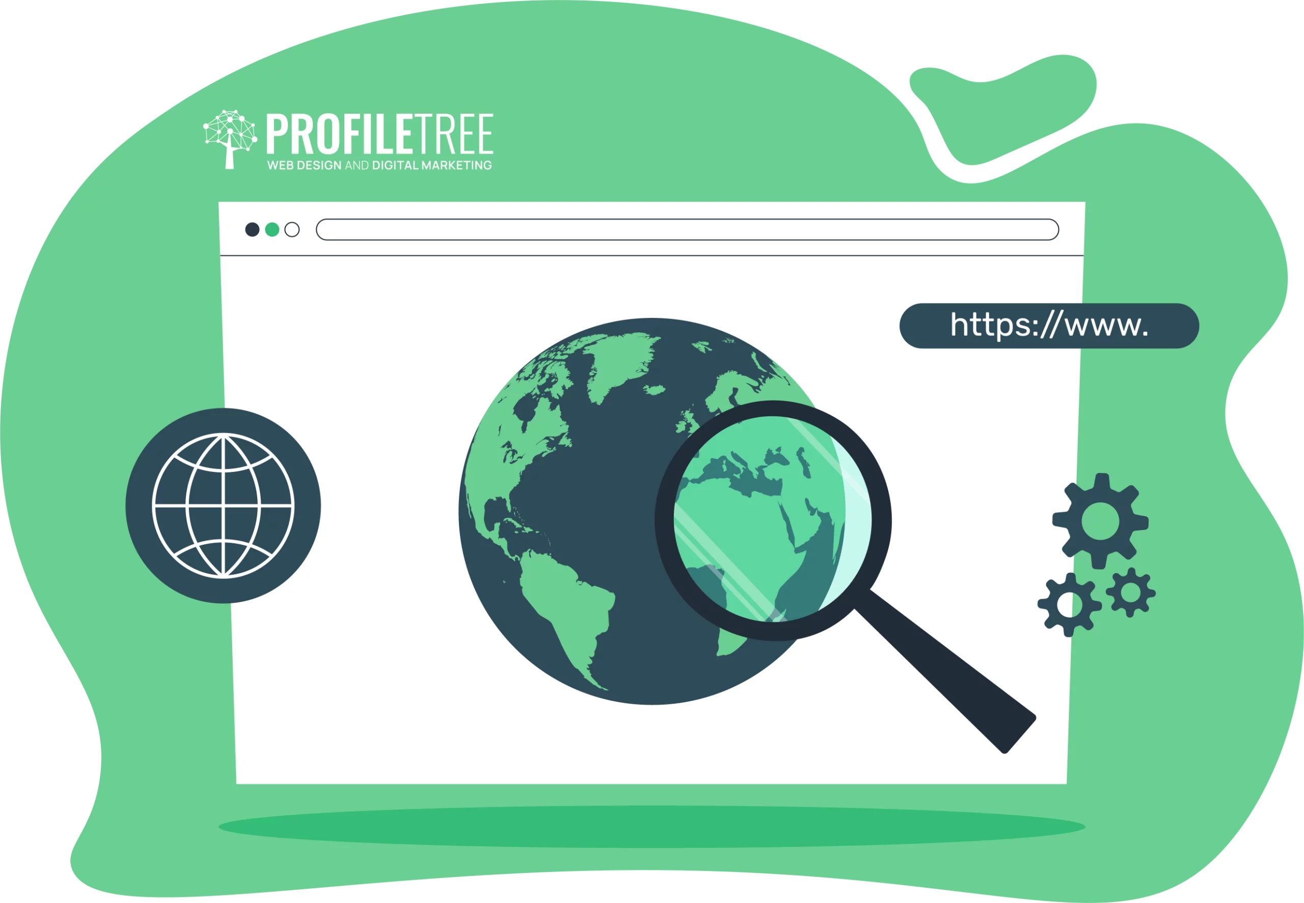Illustration of a web browser window with a globe, magnifying glass, gears, and URL bar, representing a dropshipping website or online platform for building your domain and enhancing web presence.