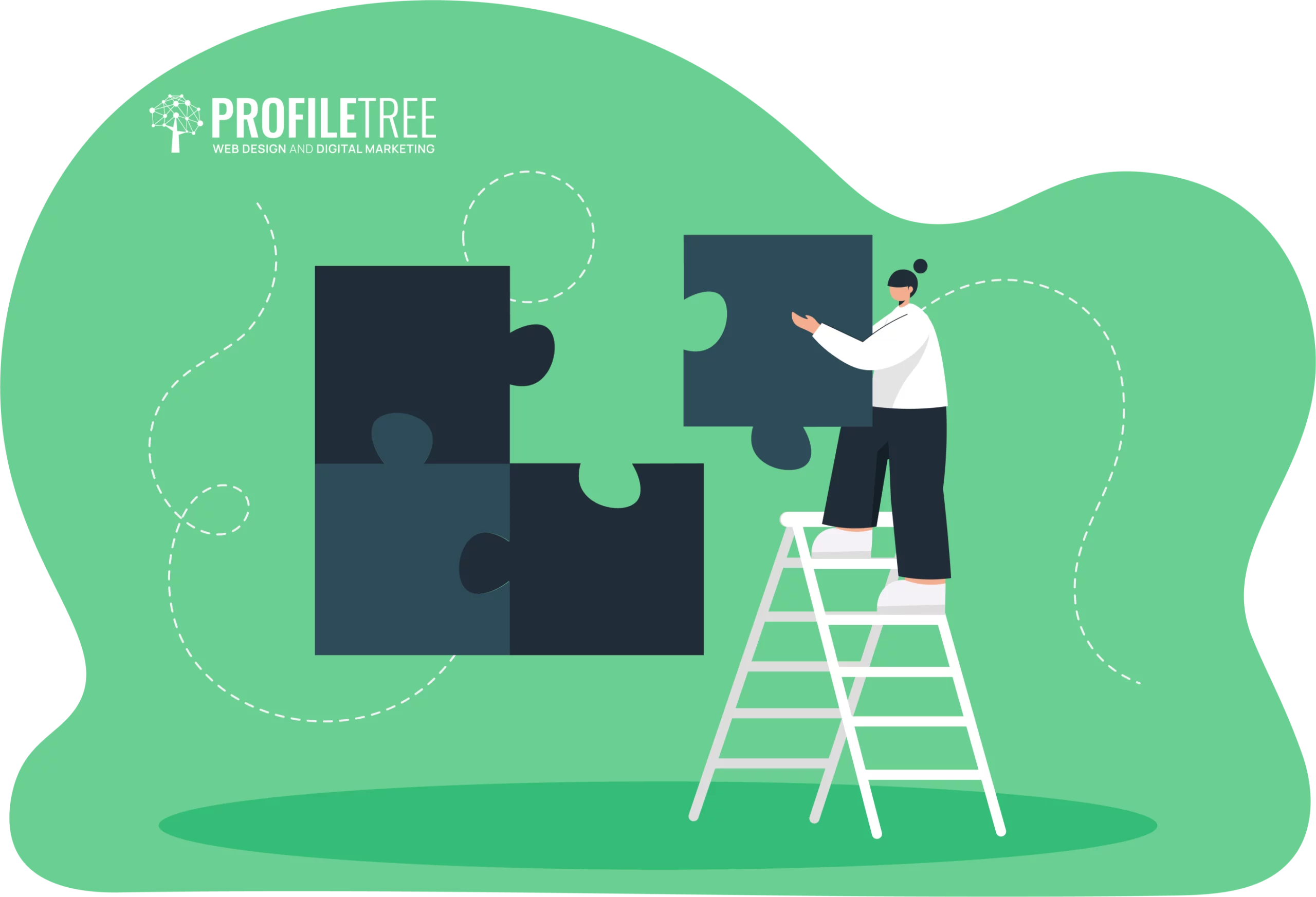 Illustration of a person on a ladder, fitting a large puzzle piece into place to represent bridging Skills Gaps, with the ProfileTree logo in the top left corner.