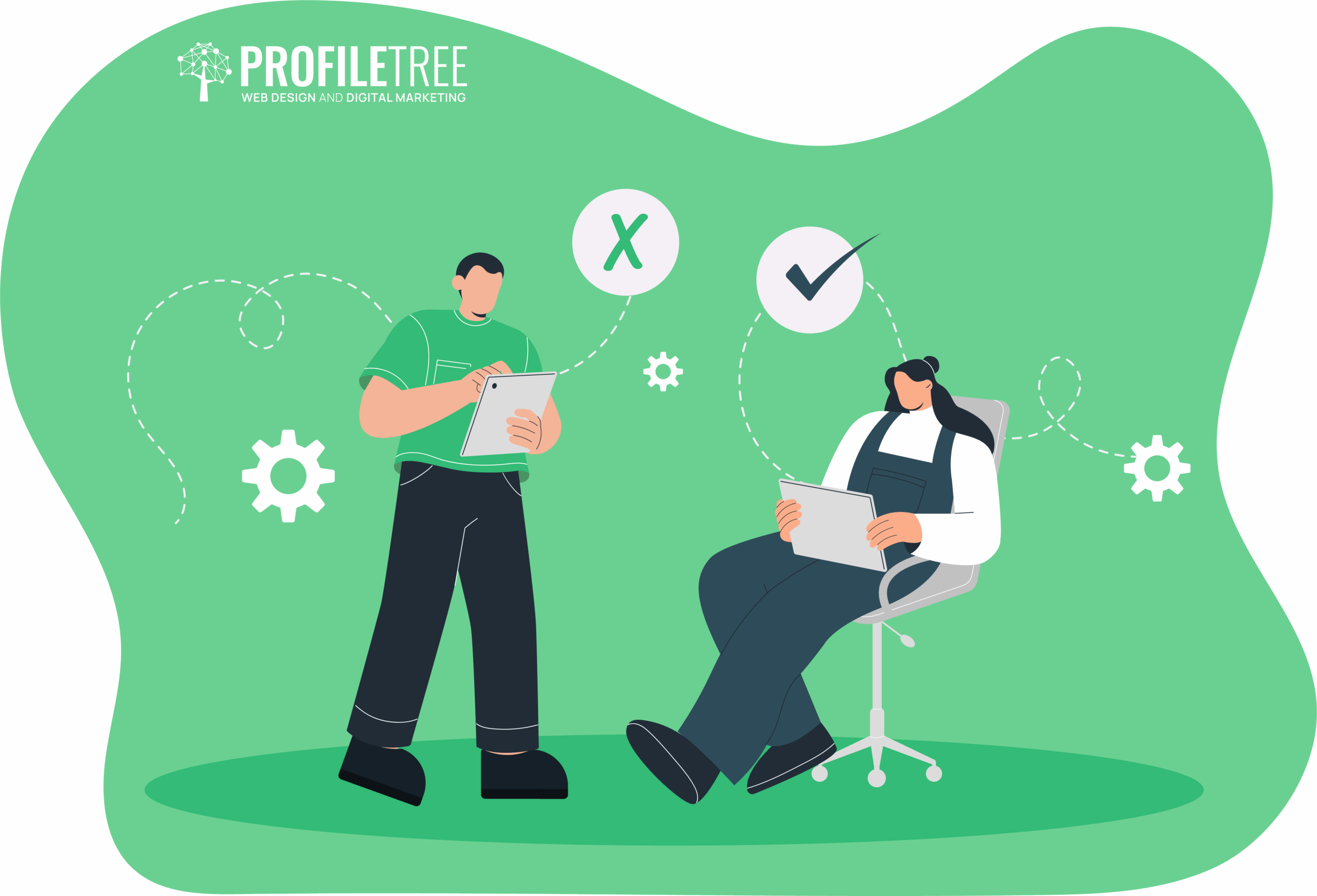 Two people with tablets confer; one stands with an "X" above, while the other sits in a chair with a check mark, reflecting the search for The Right Mentor. PROFILETREE logo appears in the top left corner.