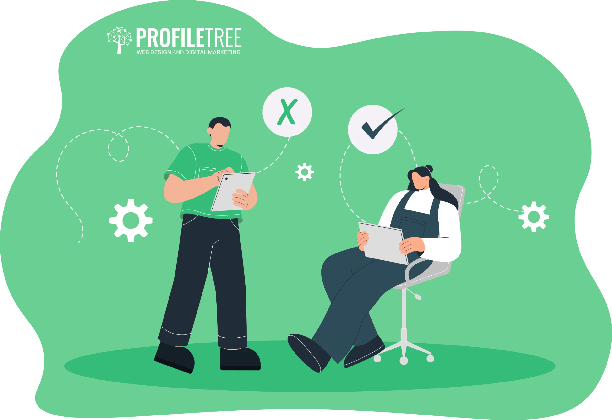 Two people with tablets are depicted; one is standing and writing, while the other—possibly engaged in job shadowing—is seated with a check mark above them. The "ProfileTree" logo appears in the top left corner.