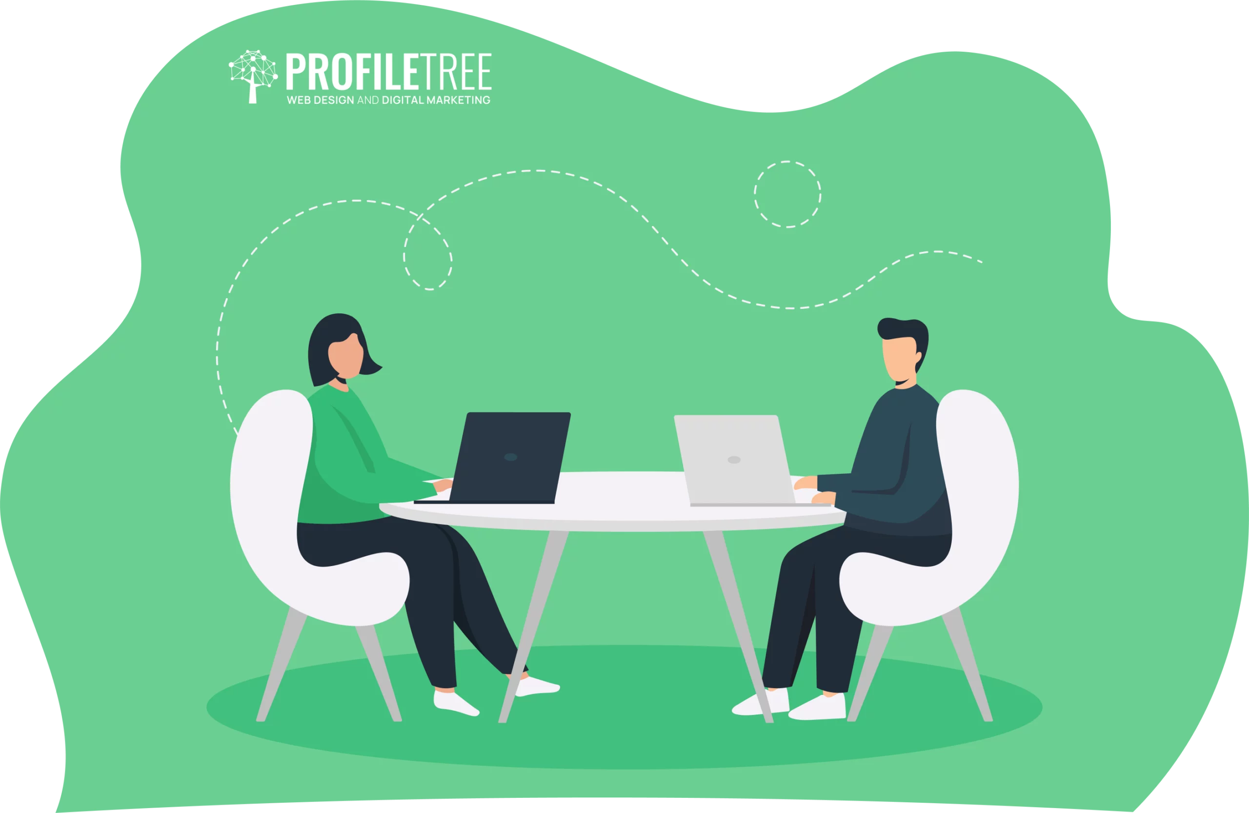 Two people sit at a round table, immersed in their laptops against a vibrant green backdrop. Above them, "PROFILE TREE Web Design and Digital Marketing" is prominently displayed, signifying an ongoing evaluation of cutting-edge promotional strategies.
