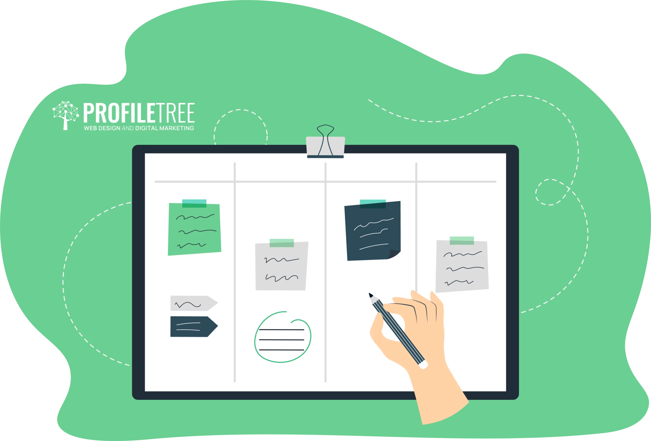 A person diligently writes on a clipboard surrounded by notes and documents, embodying powerful personal development. The scene is set against a vibrant green backdrop featuring the "Profile Tree" logo, symbolizing growth and career success.