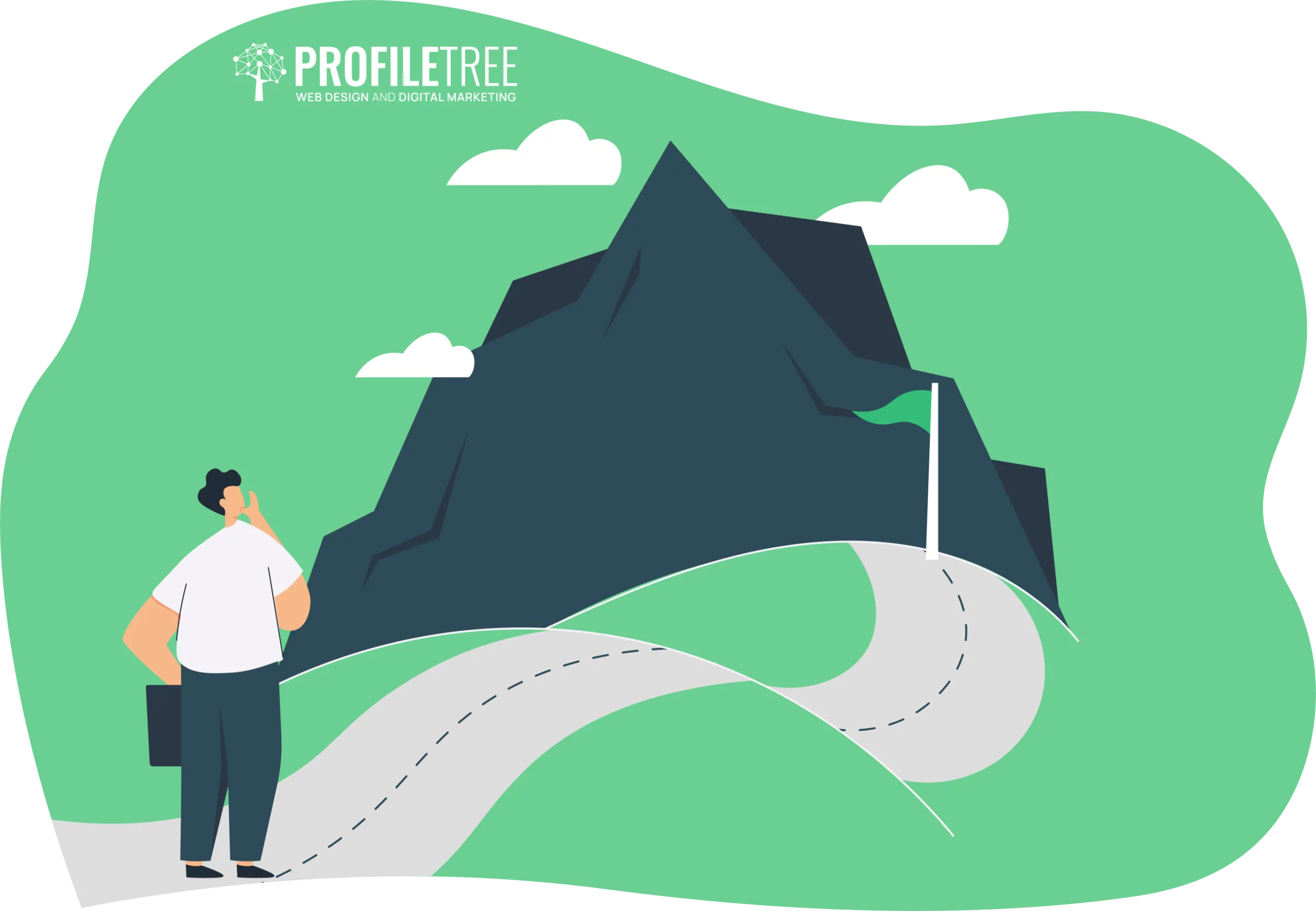 A person holding a briefcase stands at a winding road, plotting their career roadmap as it leads to a large mountain against a green background. Logo at top-left reads "ProfileTree Web Design and Digital Marketing.