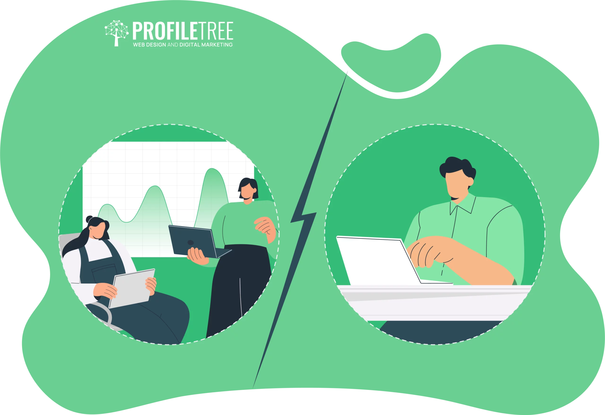 Illustration of two business scenes: one side shows two people discussing data on a laptop, highlighting Instructor-Led Training; the other shows a person typing alone, representing Self-Paced Training; ProfileTree logo above.