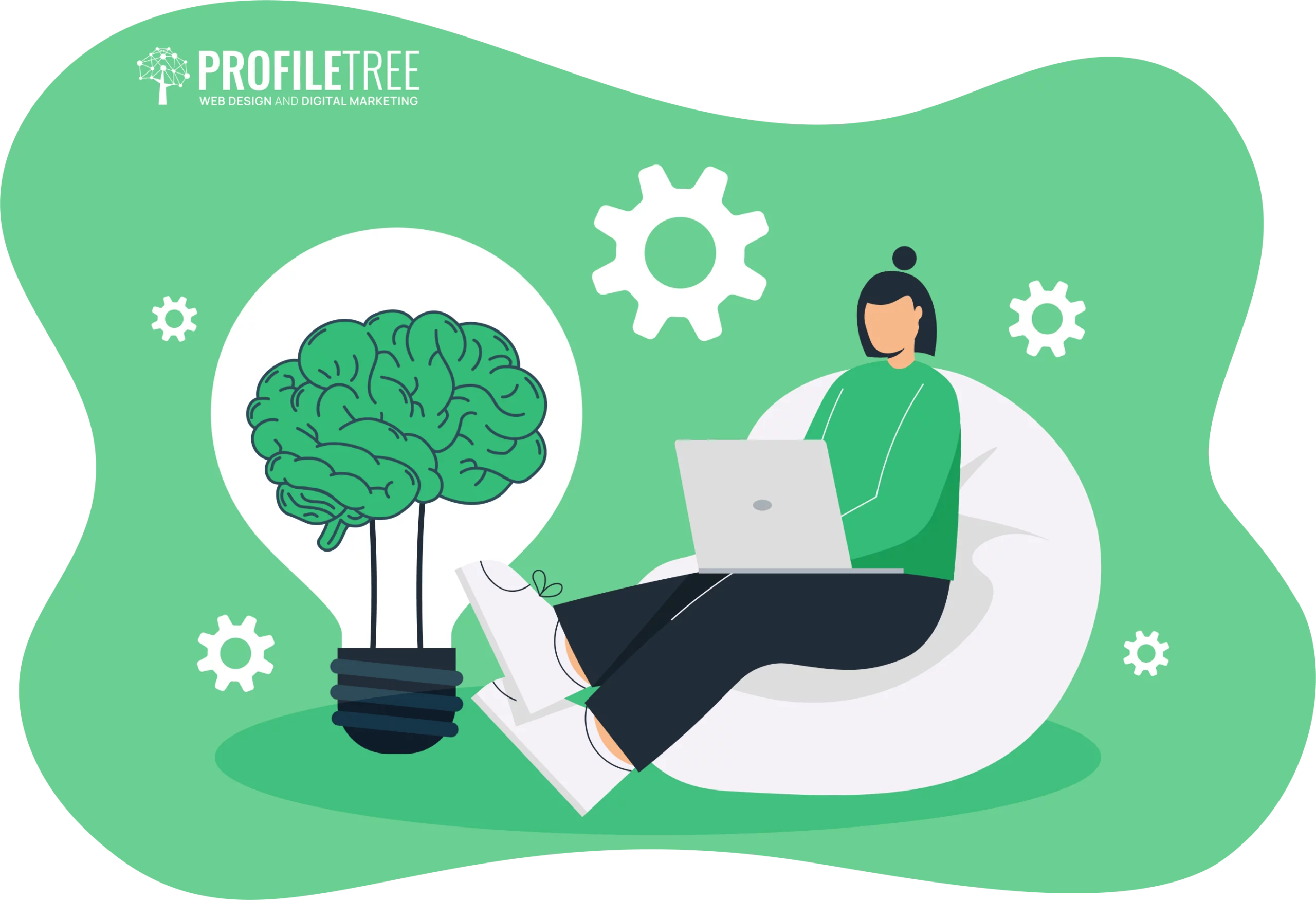 Illustration of a person sitting on a bean bag using a laptop, with a light bulb featuring a brain inside it and gears in the background, symbolizing uplifting growth through mental health training.