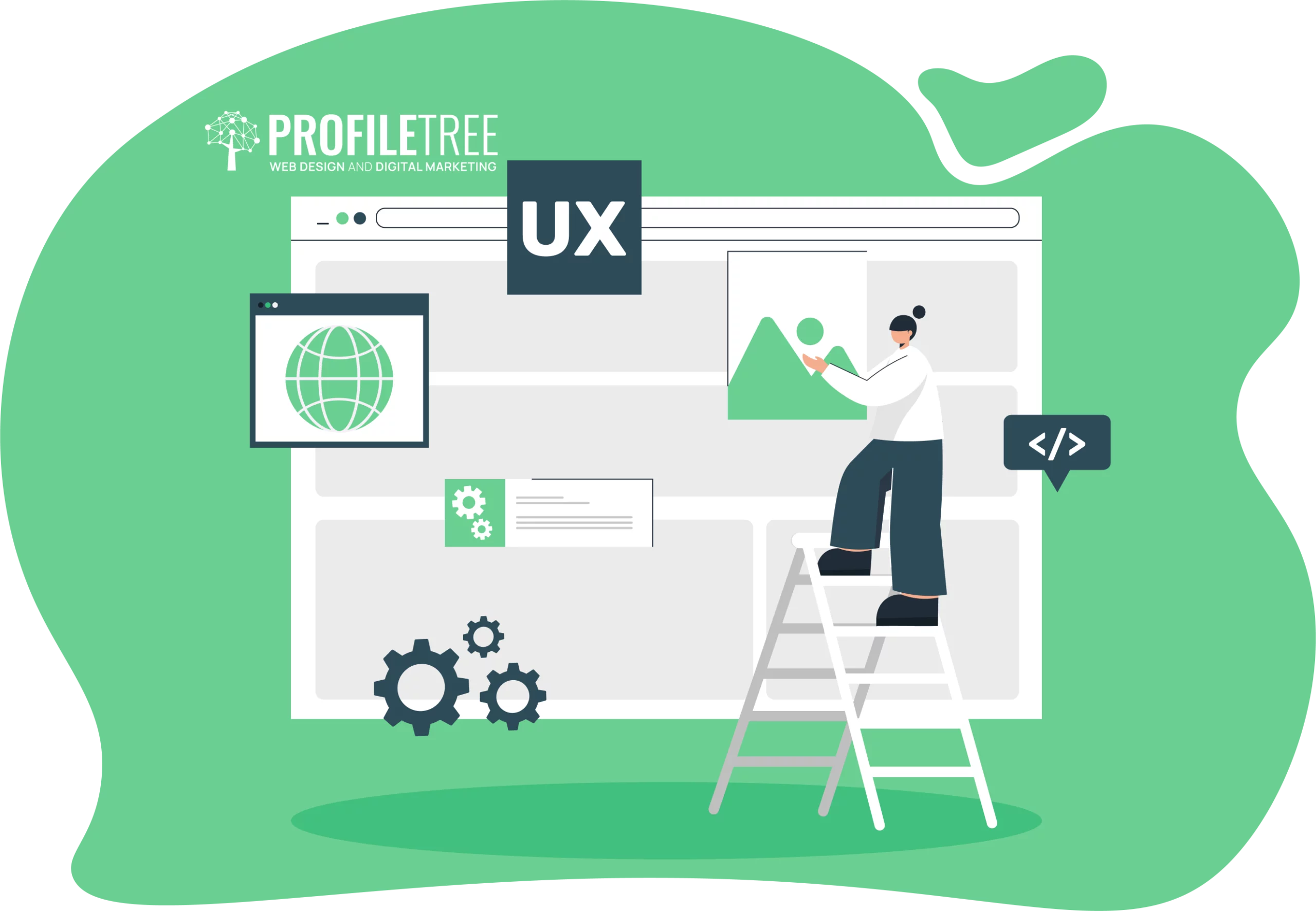 Illustration of a person on a ladder placing an image on a large Dropshipping Website interface, with "UX" text and digital marketing icons highlighting platform and domain features around.
