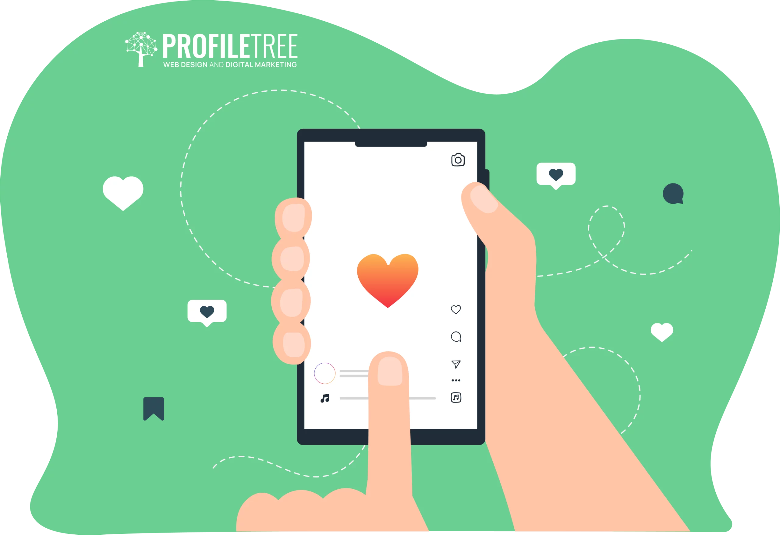 A hand holds a smartphone displaying a heart icon on an Instagram for Business app, with floating like and comment icons on a green background.