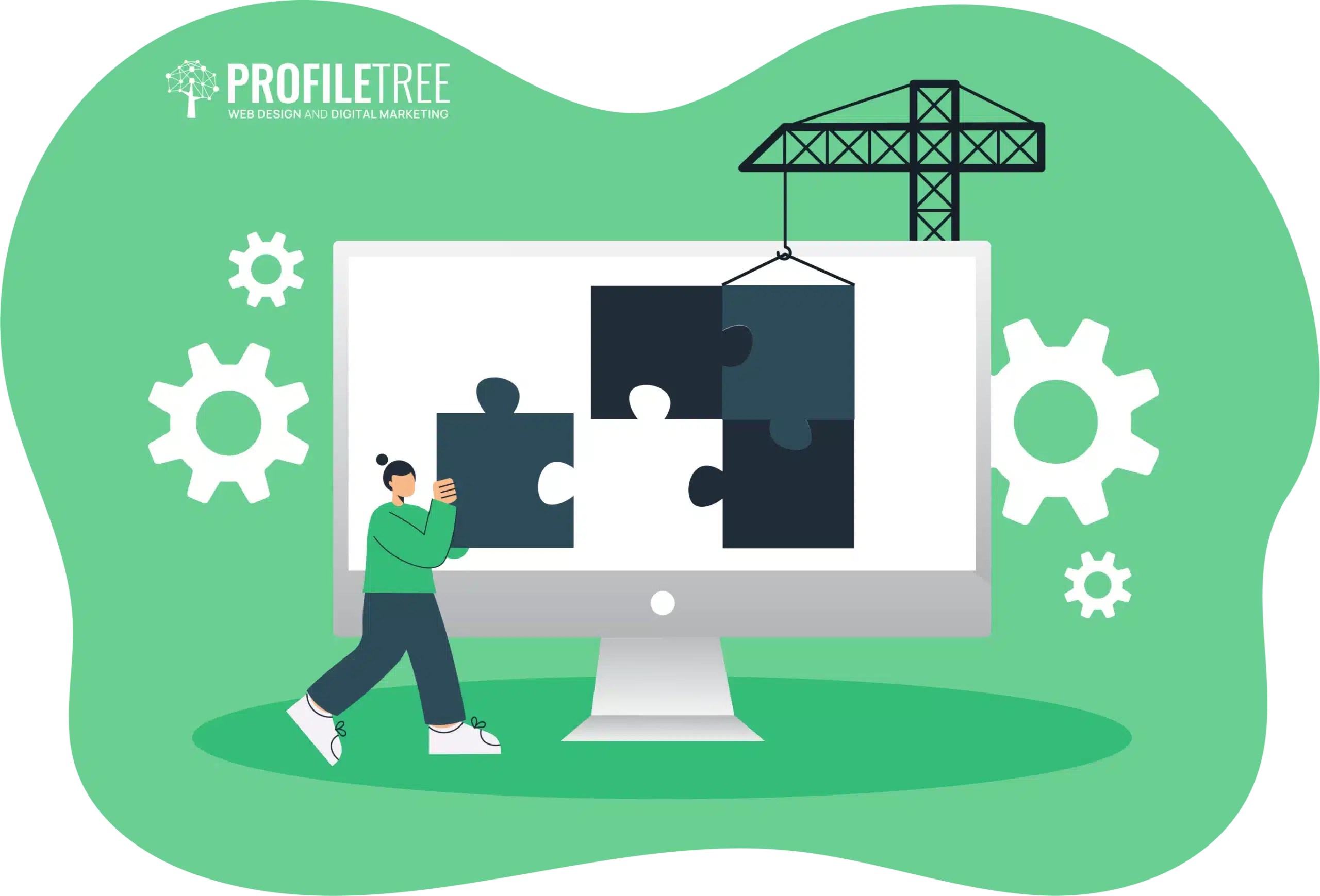 Illustration of a person in a leadership role placing puzzle pieces on a large computer screen with gears and a crane, symbolizing digital marketing and web design.