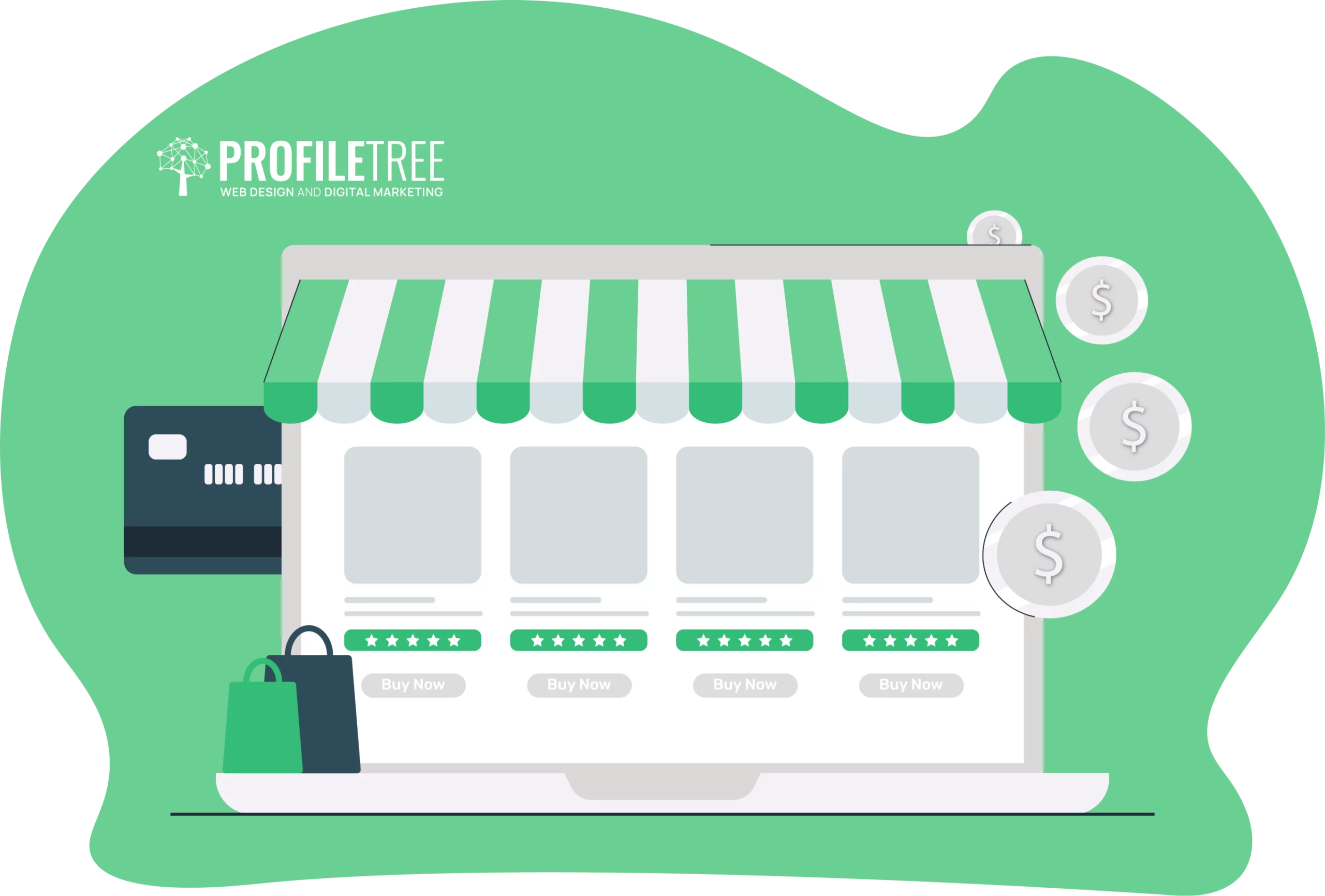 Illustration of an online store on a laptop screen, featuring a shopping bag, credit card, dollar coins, and “ProfileTree Web Design and Digital Marketing” in the corner—perfect for highlighting the latest Shopify updates.