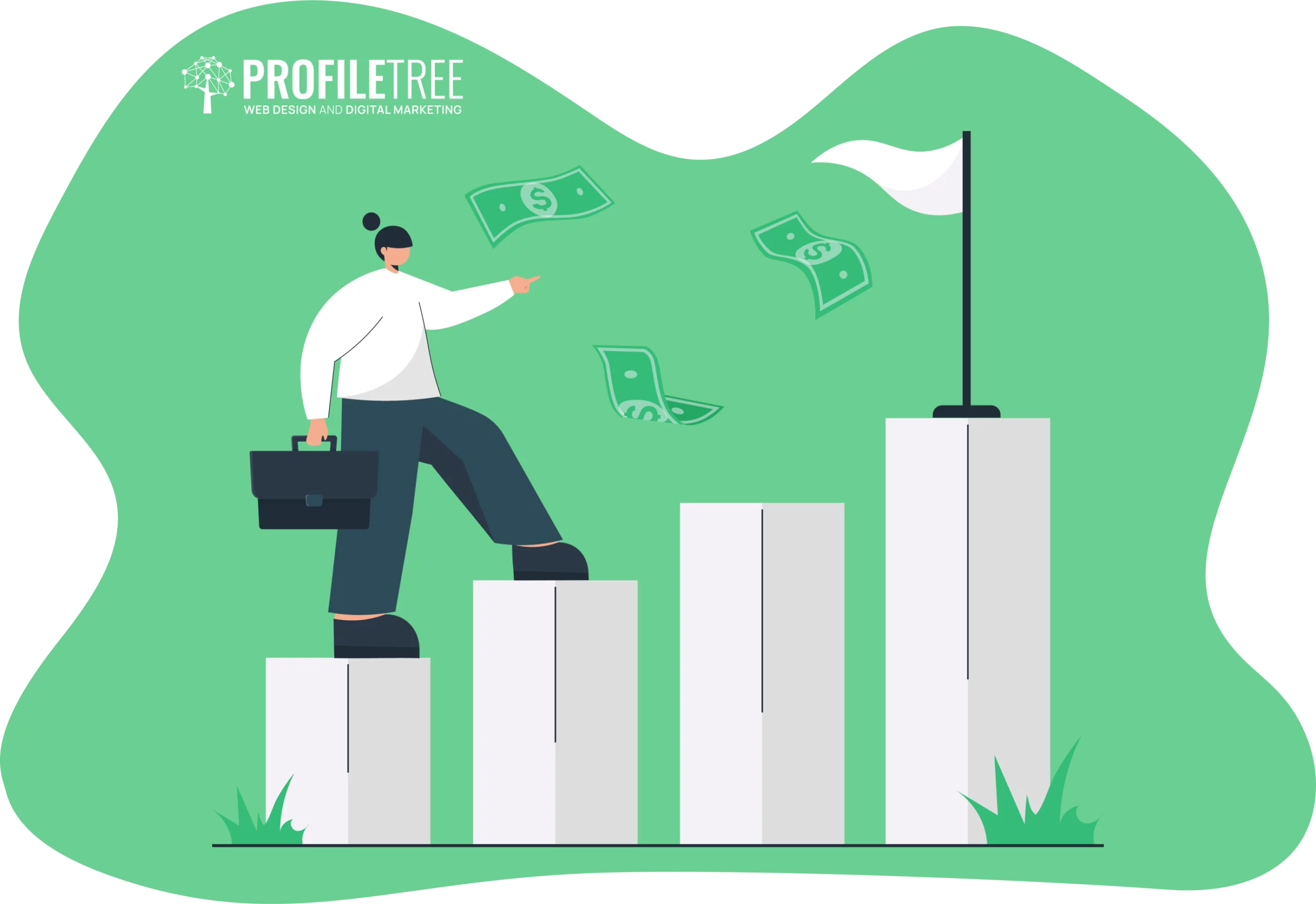 A person with a briefcase climbs a bar graph, pointing towards flying dollar bills and a flag at the top—symbolizing business growth, financial success, and the rewards of navigating a new career or considering financial considerations for career change.