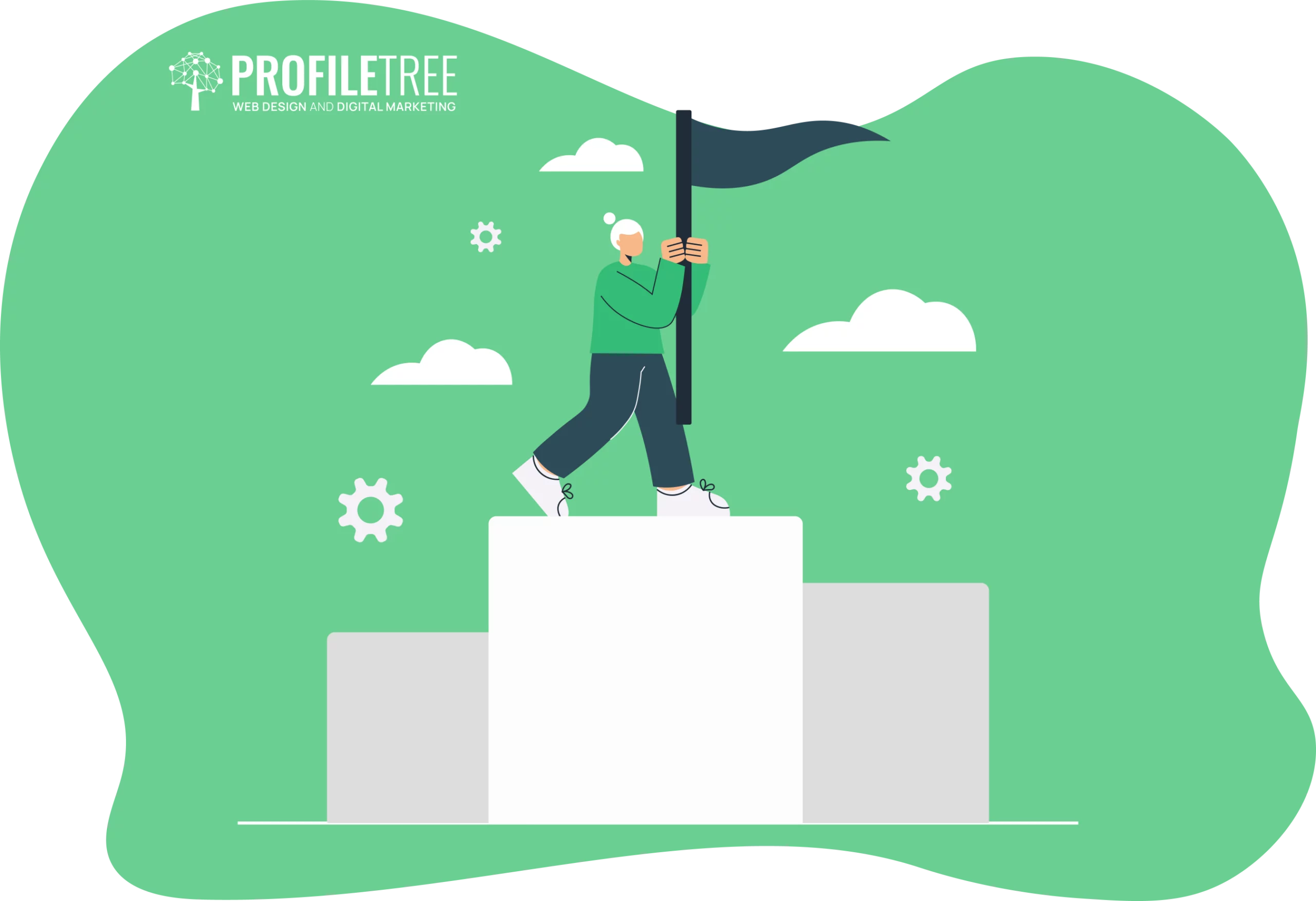 Illustration of a person placing a flag on a podium-like structure, symbolizing career transition and motivation, with gears in the background on a green-themed design.