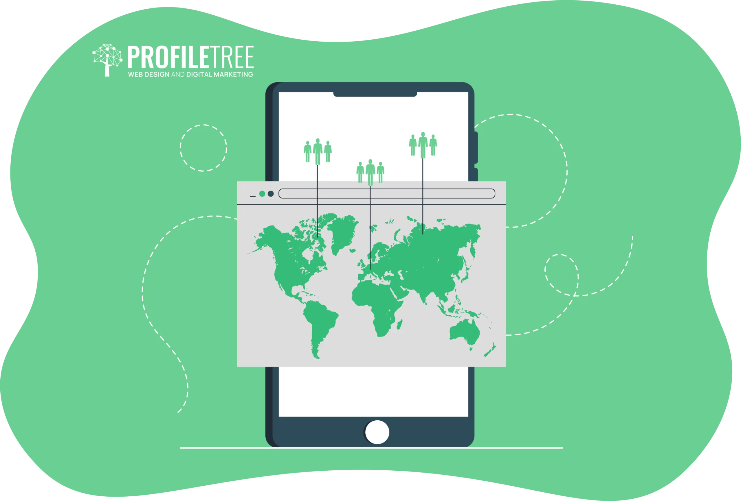 Illustration of a smartphone with a world map overlay and human icons connecting locations, representing global digital marketing by ProfileTree and highlighting customer segmentation using machine learning for an effective marketing strategy.
