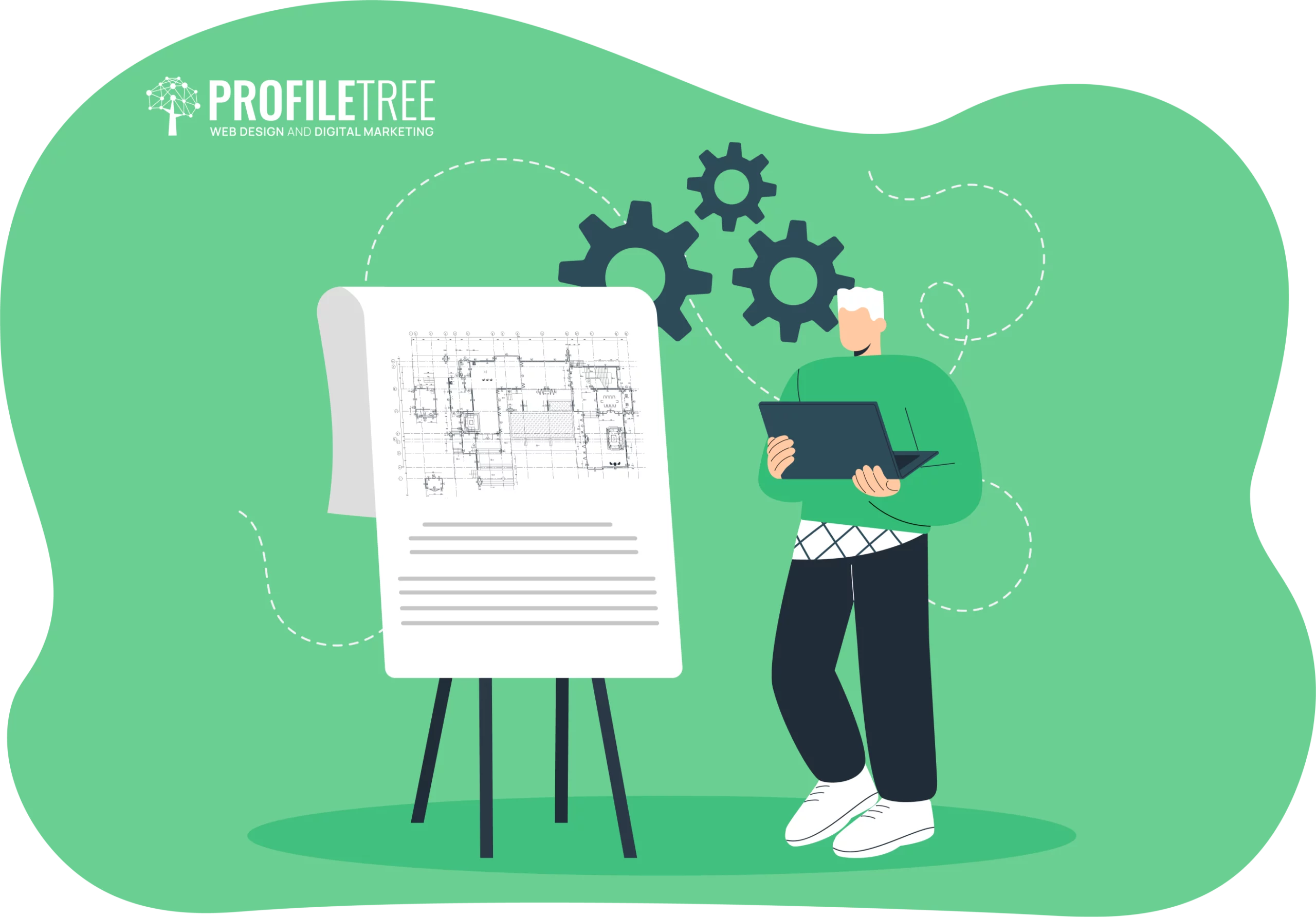 Person holding a tablet stands next to a blueprint on an easel, with gear icons in the background, representing planning and digital strategy powered by BluePrint AI.