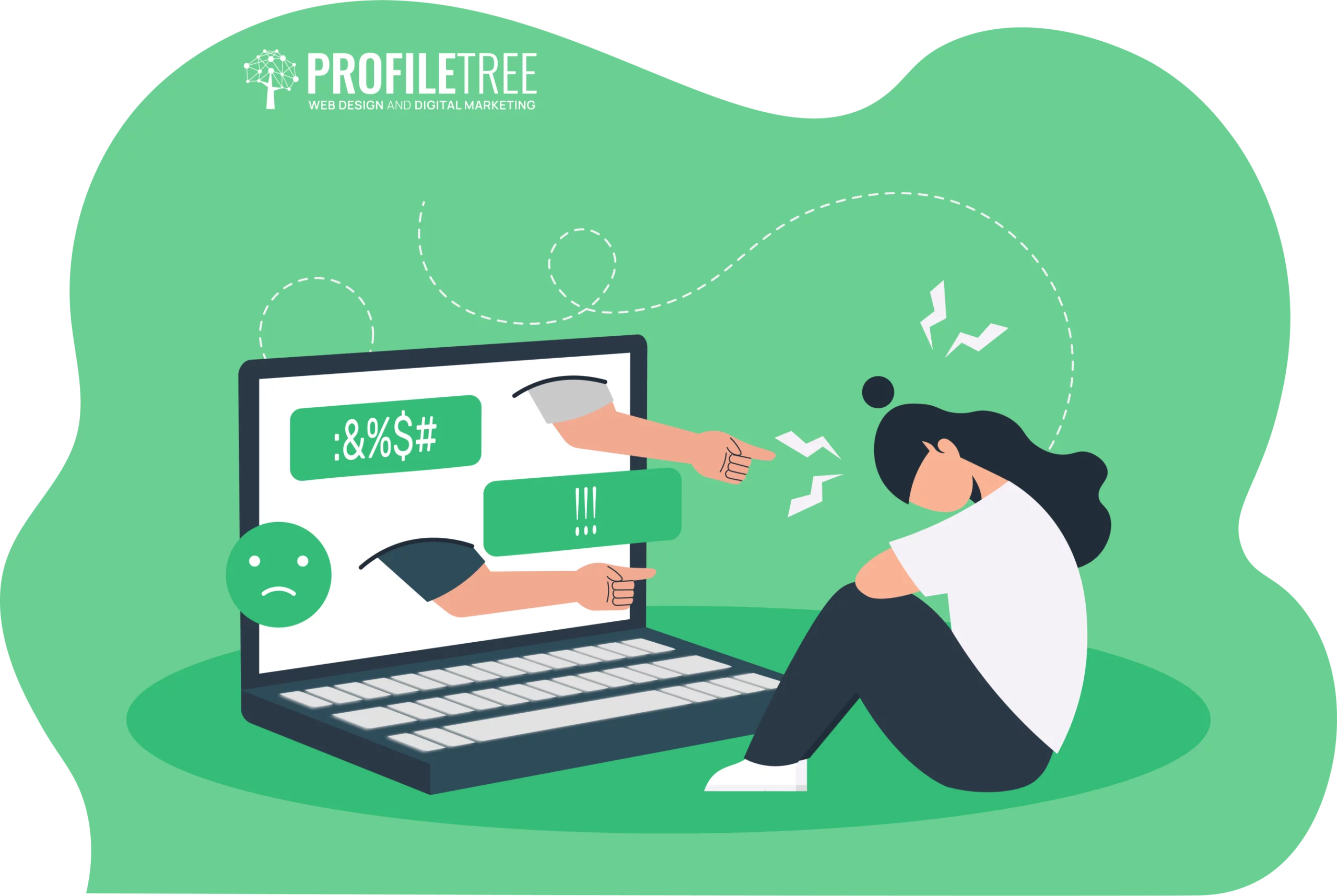 Illustration of a person sitting on the ground looking upset while a laptop displays angry messages and a sad face, symbolizing how cyberbullying can fuel self-doubt and feelings of impostor syndrome.