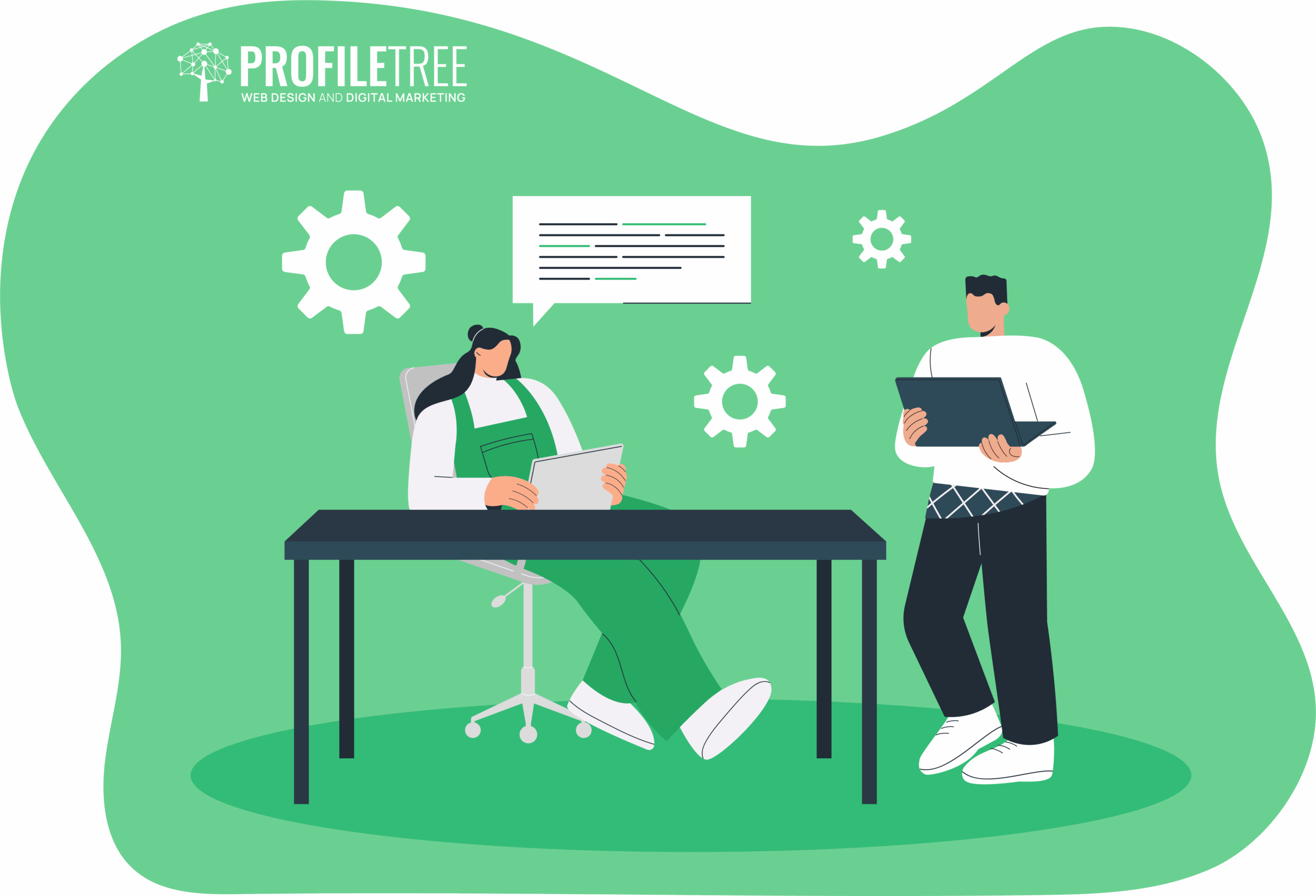 Illustration of a woman sitting at a desk using a tablet while a man stands holding a laptop, symbolizing career development with gear icons and a speech bubble in the background.
