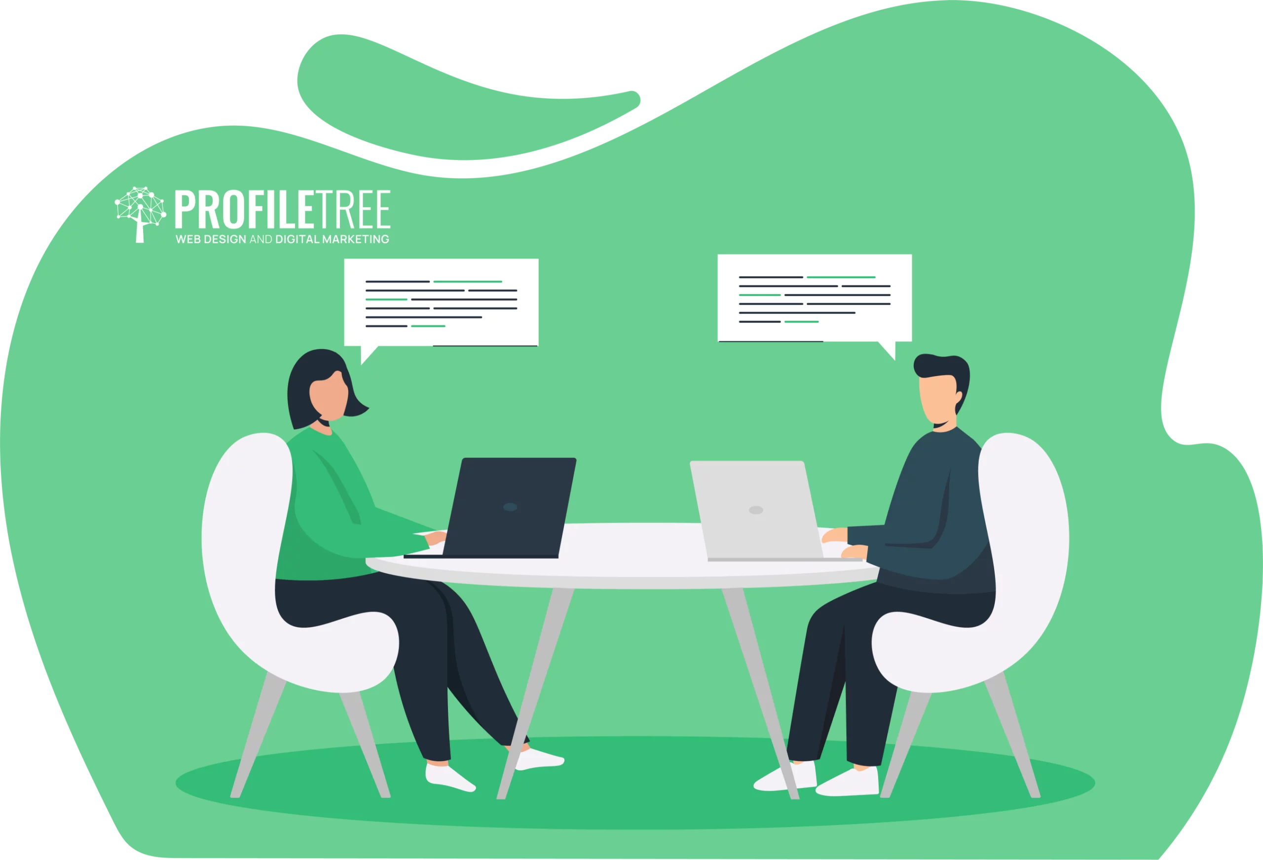Two people sitting at a table with laptops, engaged in conversation about training opportunities, with speech bubbles above them and a "ProfileTree Web Design and Digital Marketing" logo in the background.