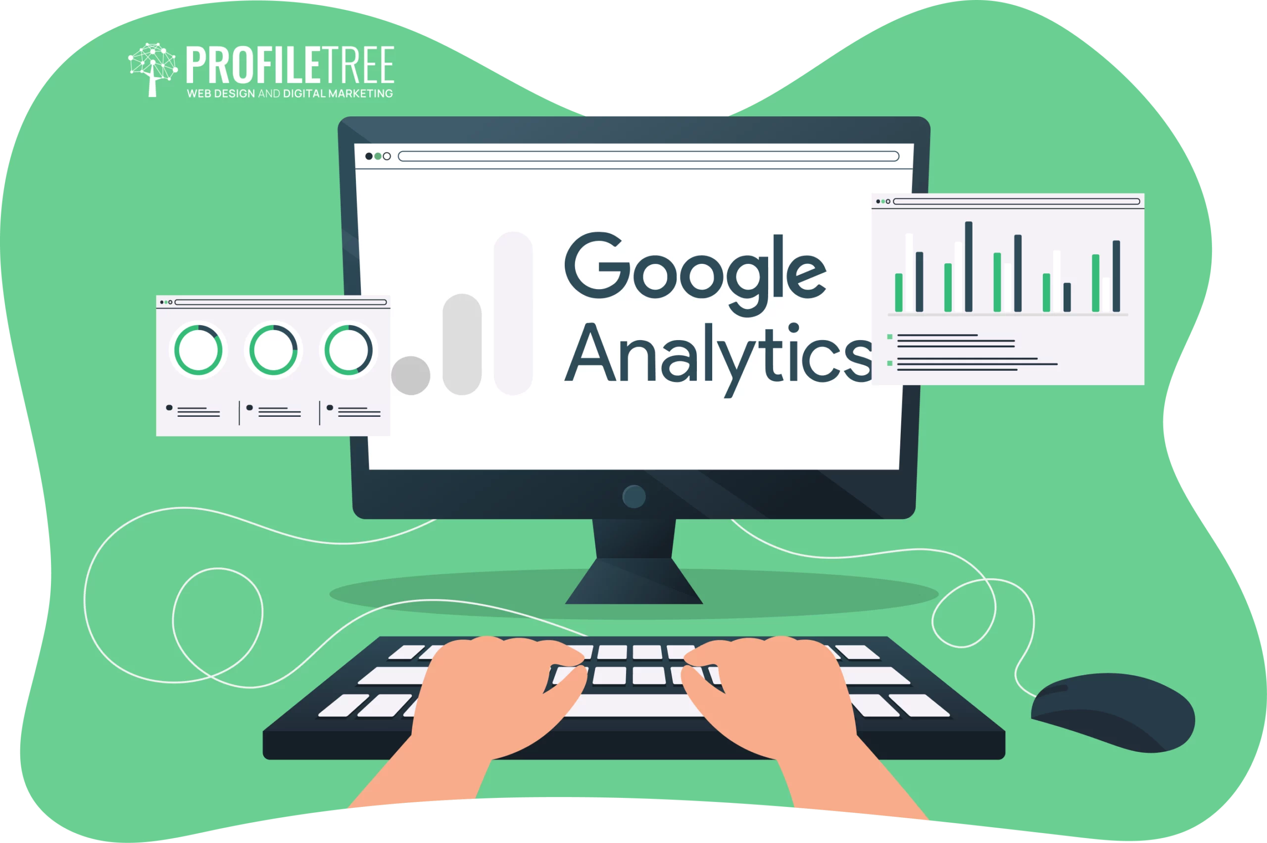 An illustration of hands typing on a keyboard, with a monitor showcasing "Google Analytics" and several data charts on a green background, highlighting common mistakes people make when setting up Google Analytics.