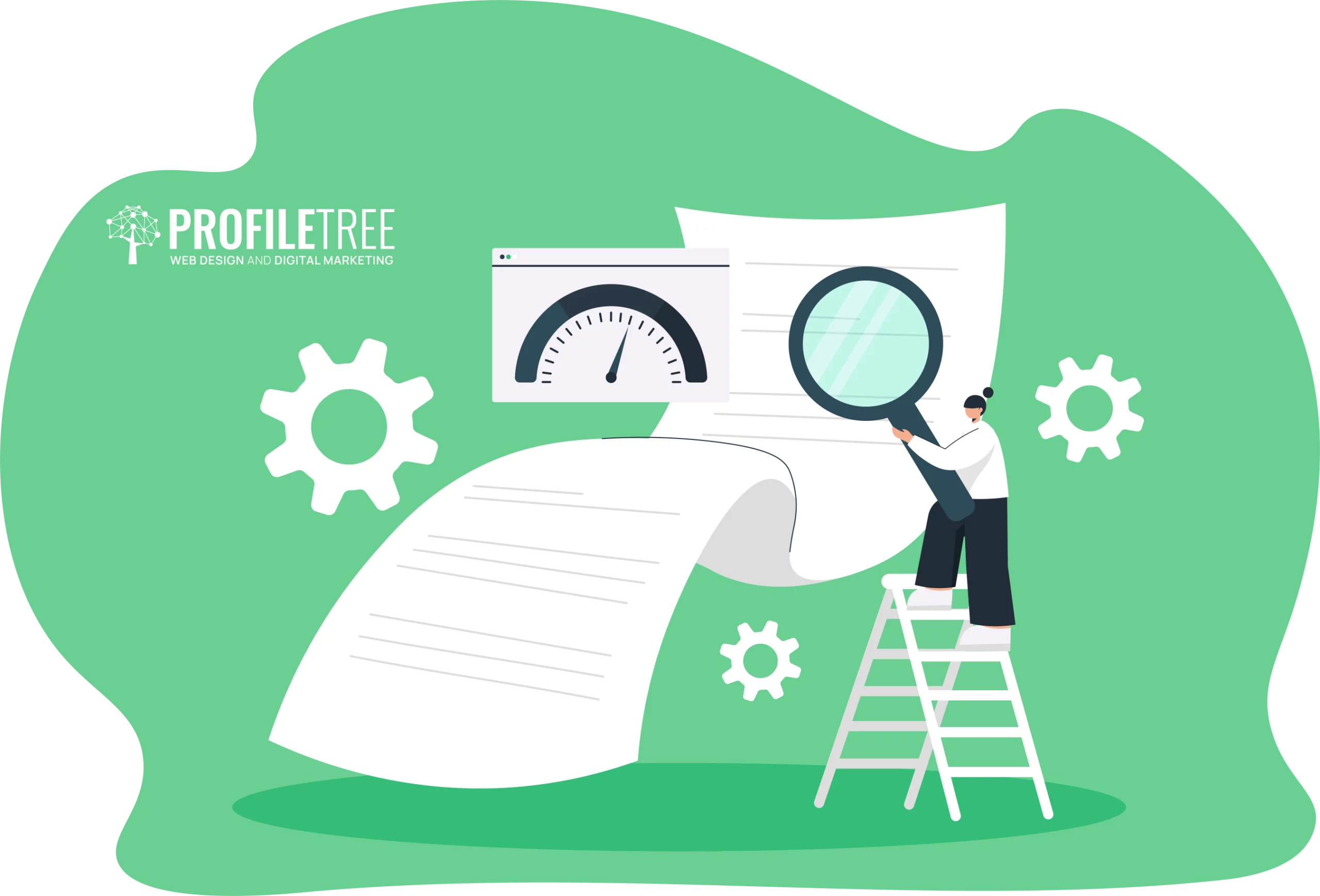 Illustration of a person on a ladder examining a document with a magnifying glass, surrounded by gears and a browser window displaying a speedometer—symbolizing the path to career success. Logo of "ProfileTree" in the corner.