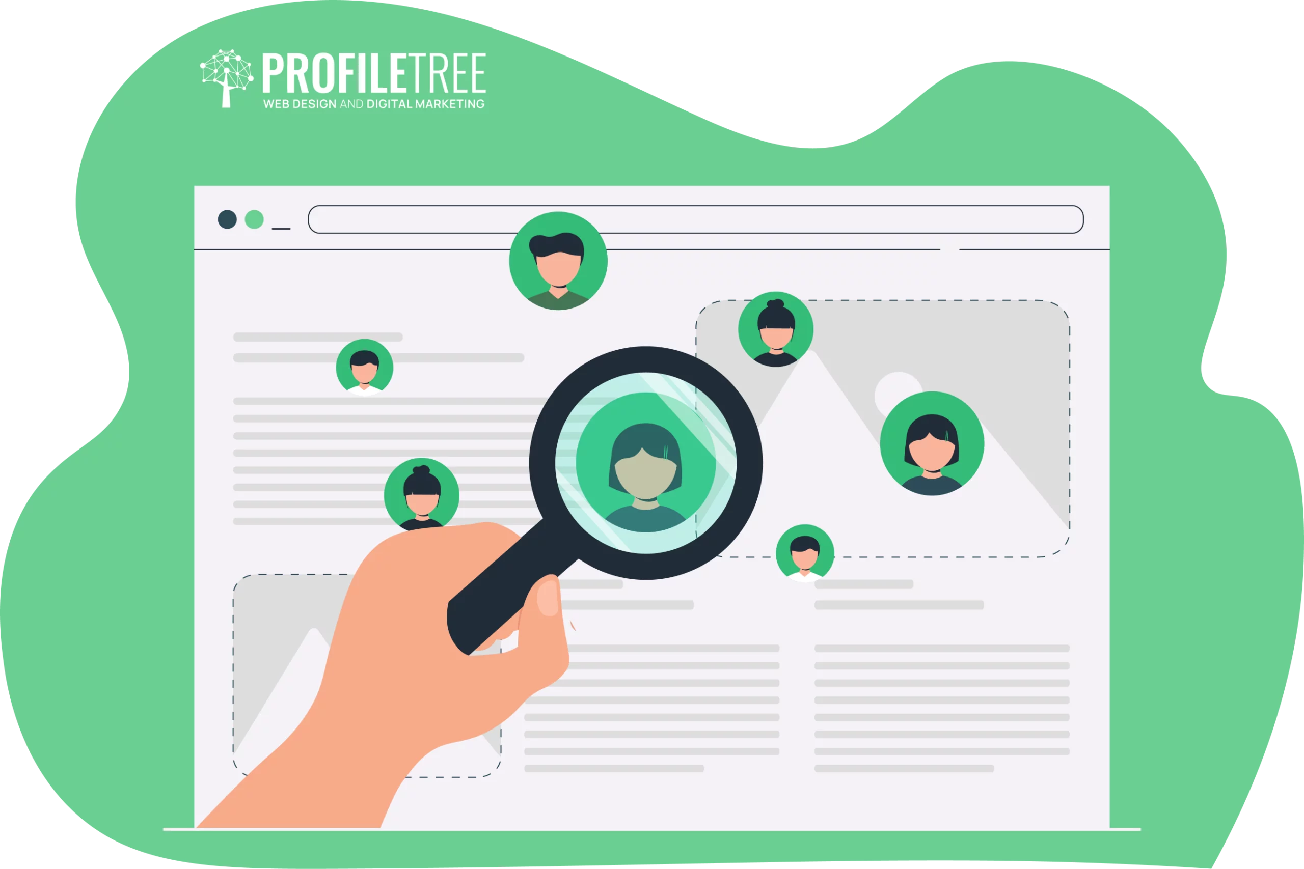 Illustration of a hand holding a magnifying glass over profile images on a web page, highlighting interactive methods for Safety Training, with the ProfileTree logo in the top left corner.