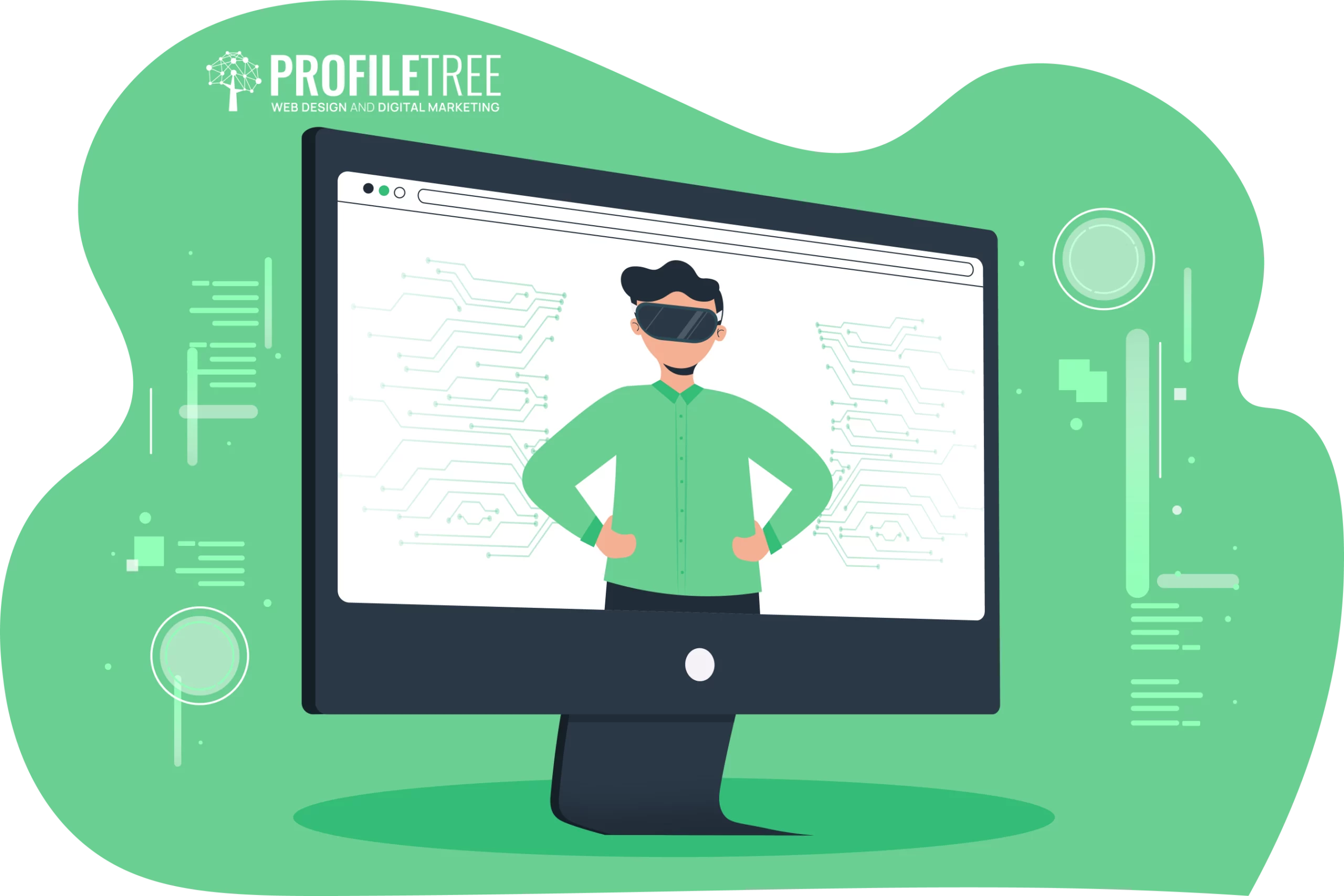 Illustration of a person wearing virtual reality goggles, standing with hands on hips, displayed on a large computer monitor, highlighting Interactive Methods for Safety Training with digital circuit patterns in the background.