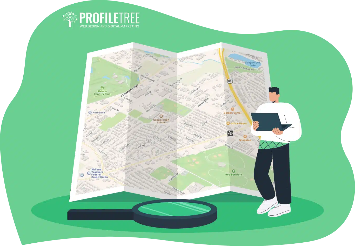 Illustration of a person holding a laptop and examining an enlarged map with a magnifying glass, symbolizing navigating skill gaps for career success. The "ProfileTree" logo is prominently displayed at the top left.