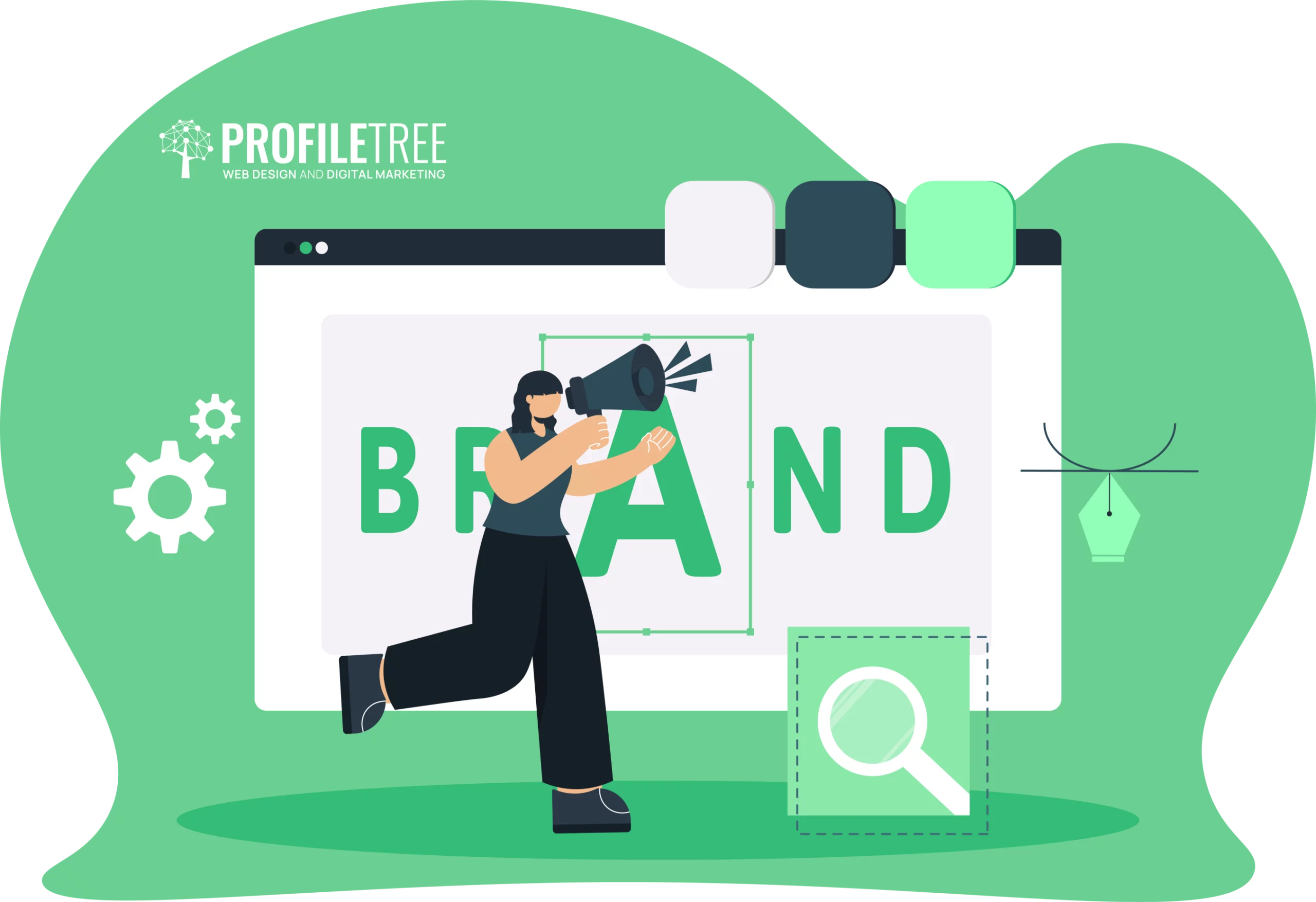 Illustration of an entrepreneur with a megaphone in front of a large screen displaying "BRAND," surrounded by digital marketing icons and the ProfileTree logo, highlighting essential business skills for startups.
