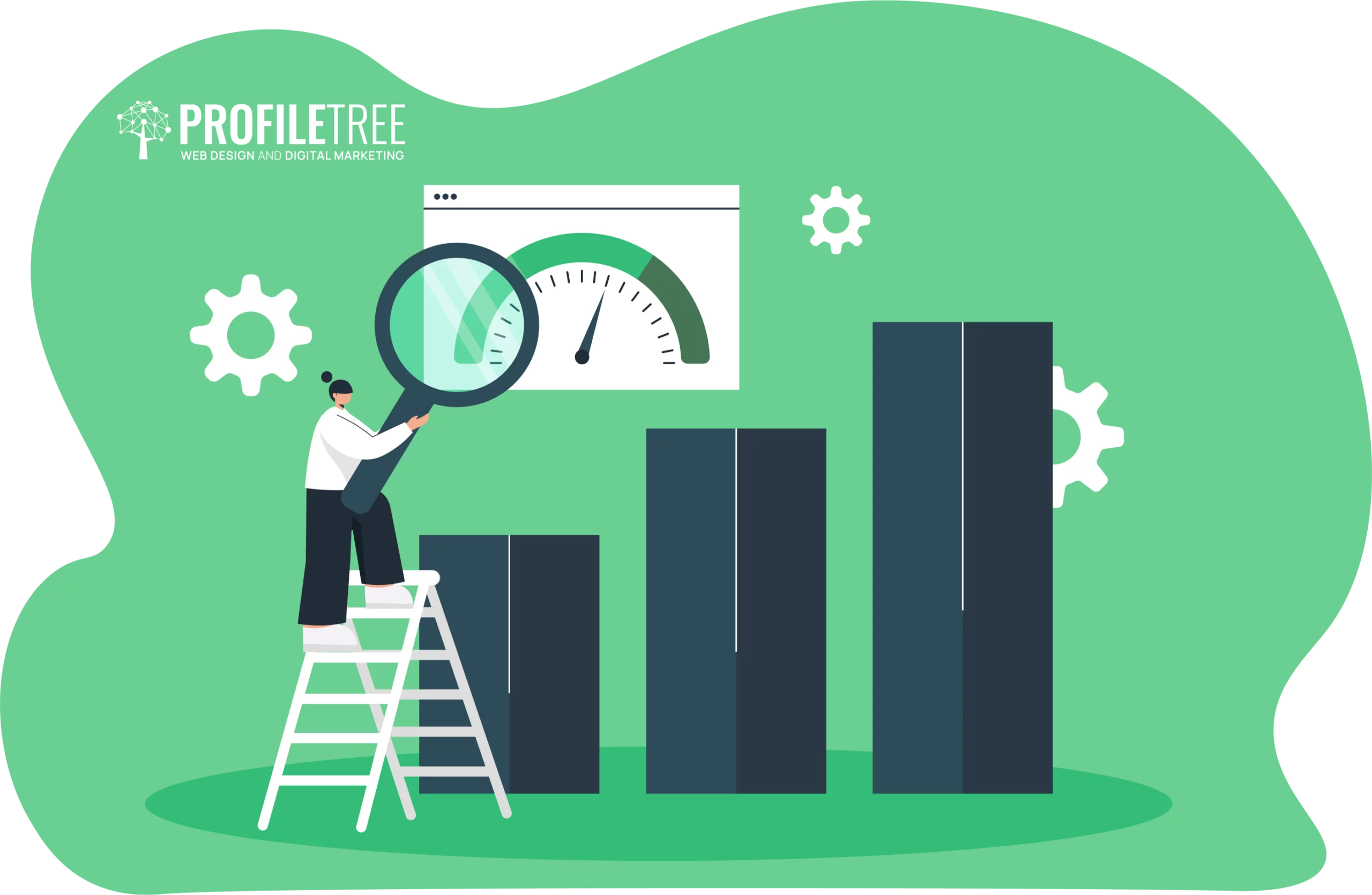 Illustration of a person on a ladder examining a bar graph with a magnifying glass, akin to analyzing progress in blended learning. A speedometer graphic is above the bars, while gears turn subtly in the background, symbolizing the mechanics behind in-person training success.