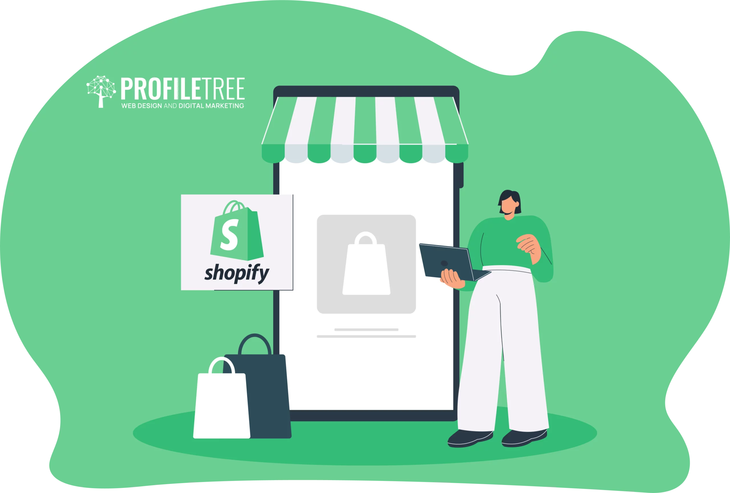 Illustration of a person holding a laptop beside a large smartphone with a shopping bag icon, Shopify and ProfileTree logos, and shopping bags nearby—perfect for showcasing the latest Shopify updates.
