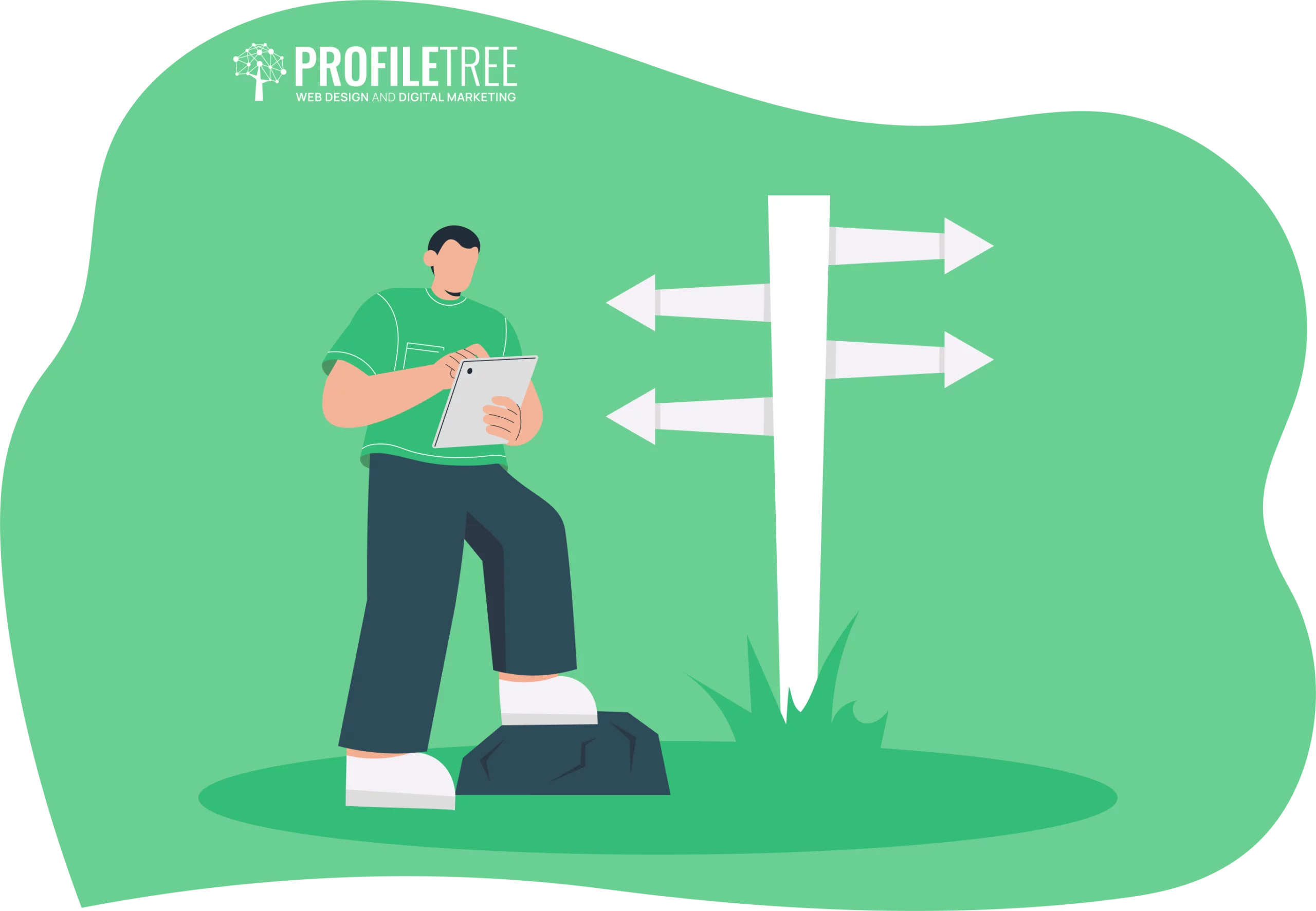 Illustration of a person with a notepad, envisioning their career roadmap while standing by a signpost with multiple arrows in different directions, under a logo that reads "Profile Tree Web Design and Digital Marketing.
