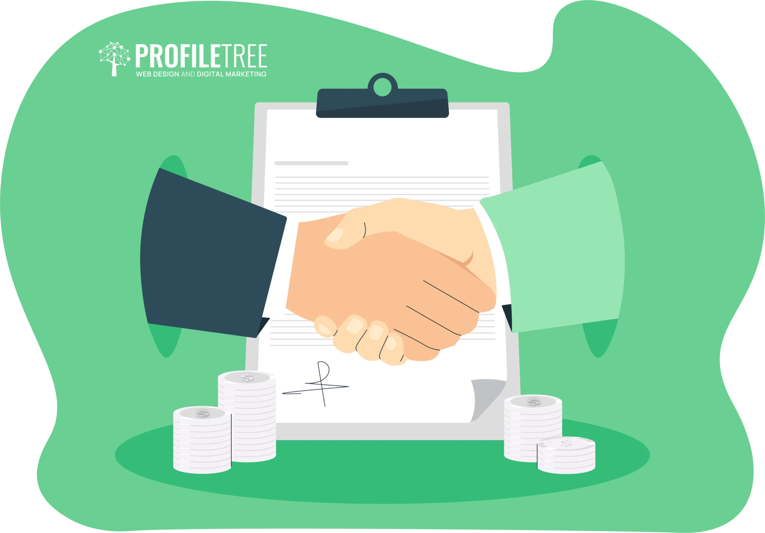 Two hands shaking in front of a clipboard with a signed document, surrounded by stacked coins, symbolizing effective Sales Strategy. The "ProfileTree Web Design and Digital Marketing" logo appears in the top left corner.